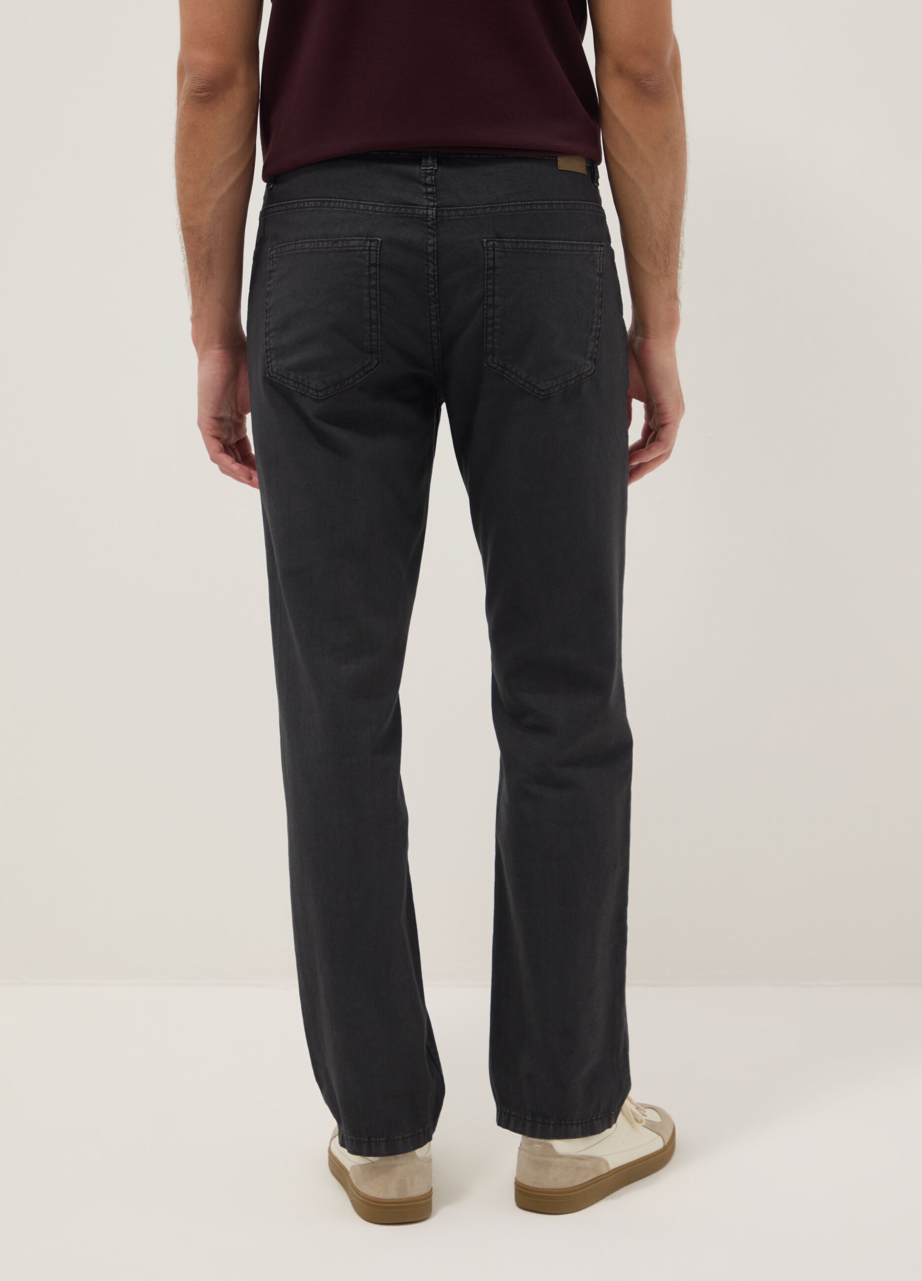 Black casual linen-cotton blend regular-fit trousers
