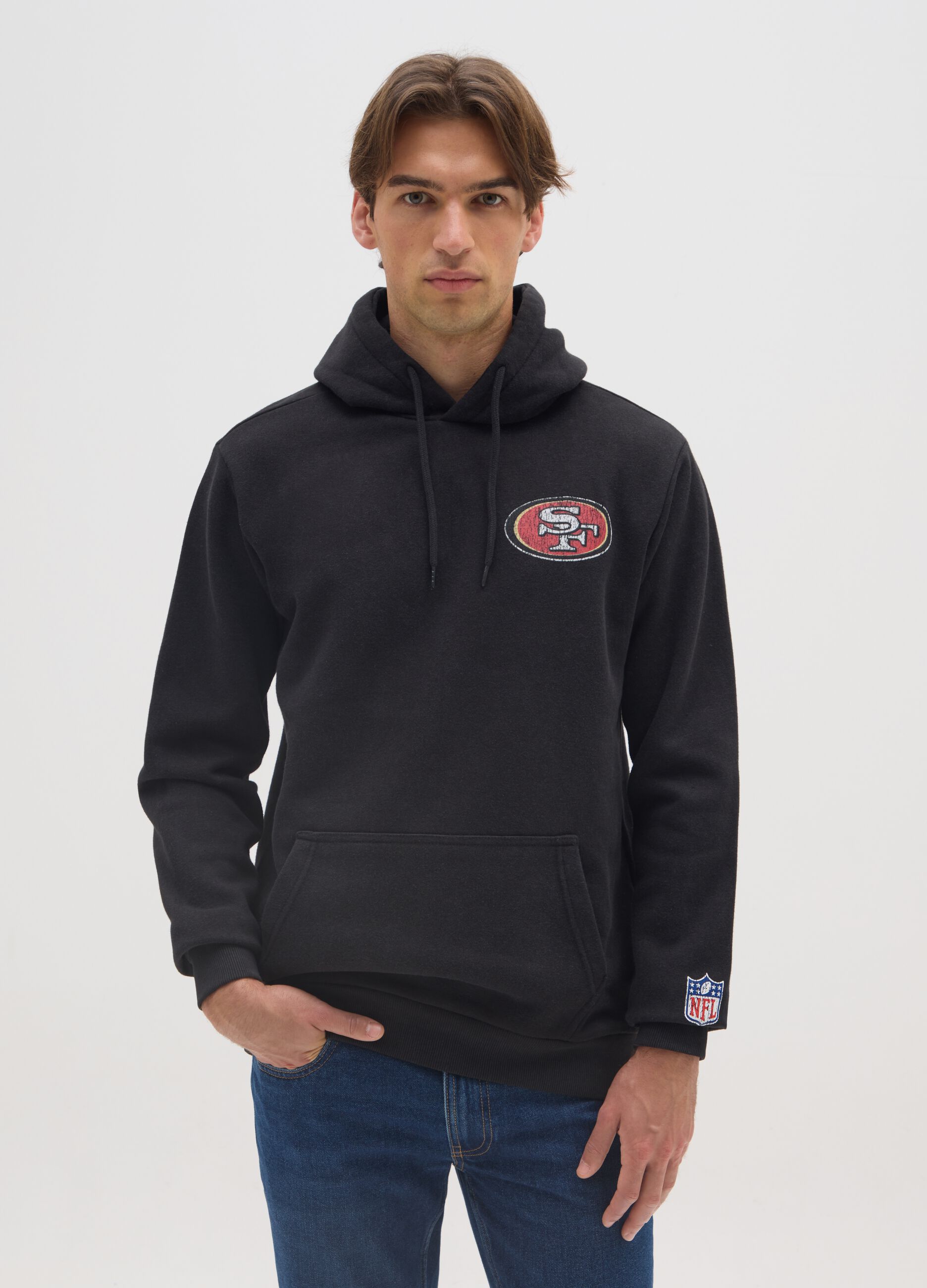 Black cotton blend hoodie with San Francisco 49ers logo