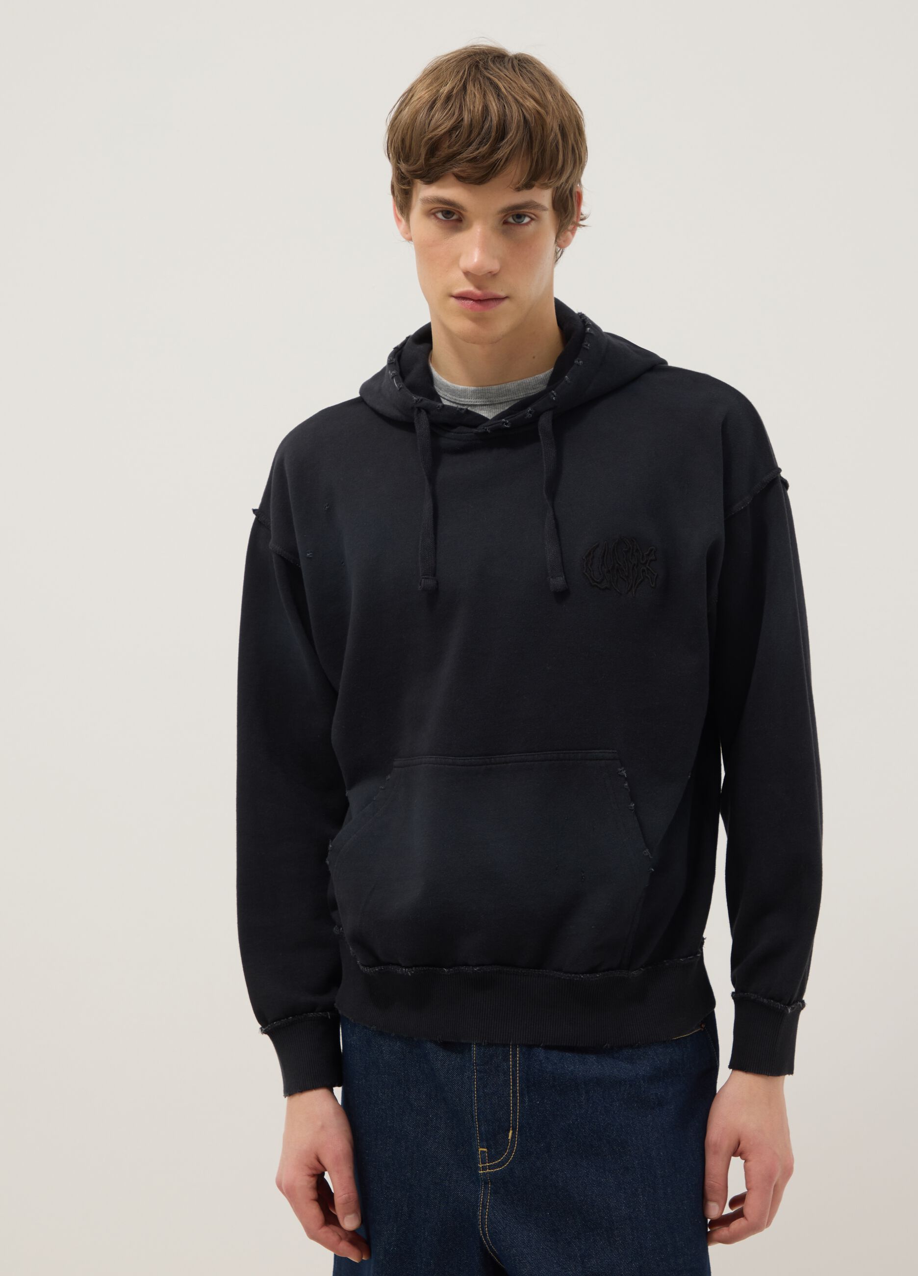Black cotton blend oversized fit hooded sweatshirt