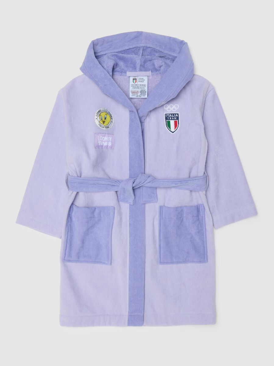 Purple hooded bathrobe for girls in pure cotton with print_0