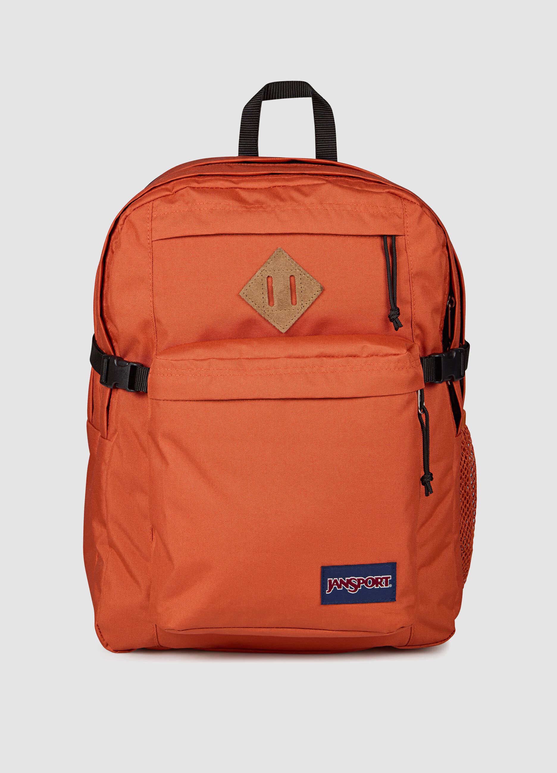 Orange backpack with front pocket and adjustable shoulder straps