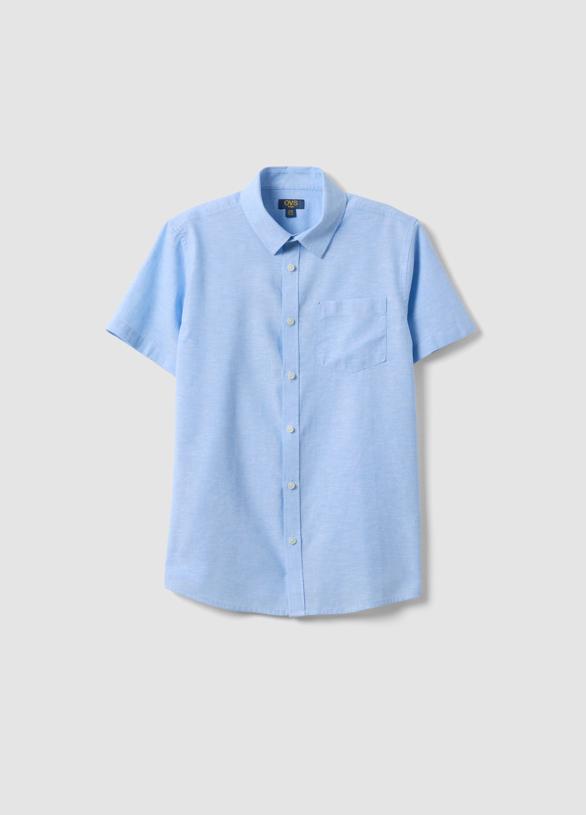 Boys&rsquo; light blue short-sleeve linen-cotton blend shirt, regular fit