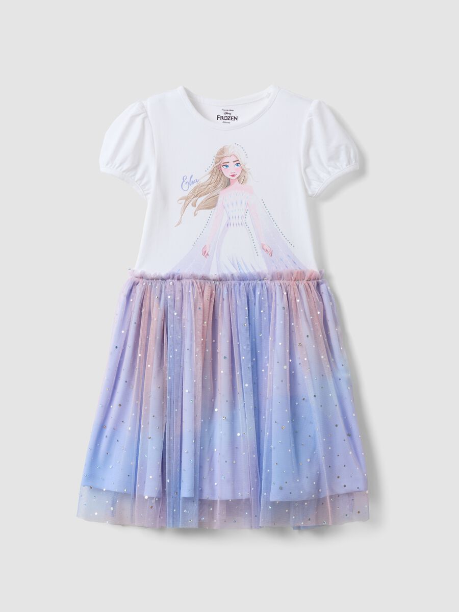 Abito bianco in cotone elasticizzato con gonna in tulle per bambina_0