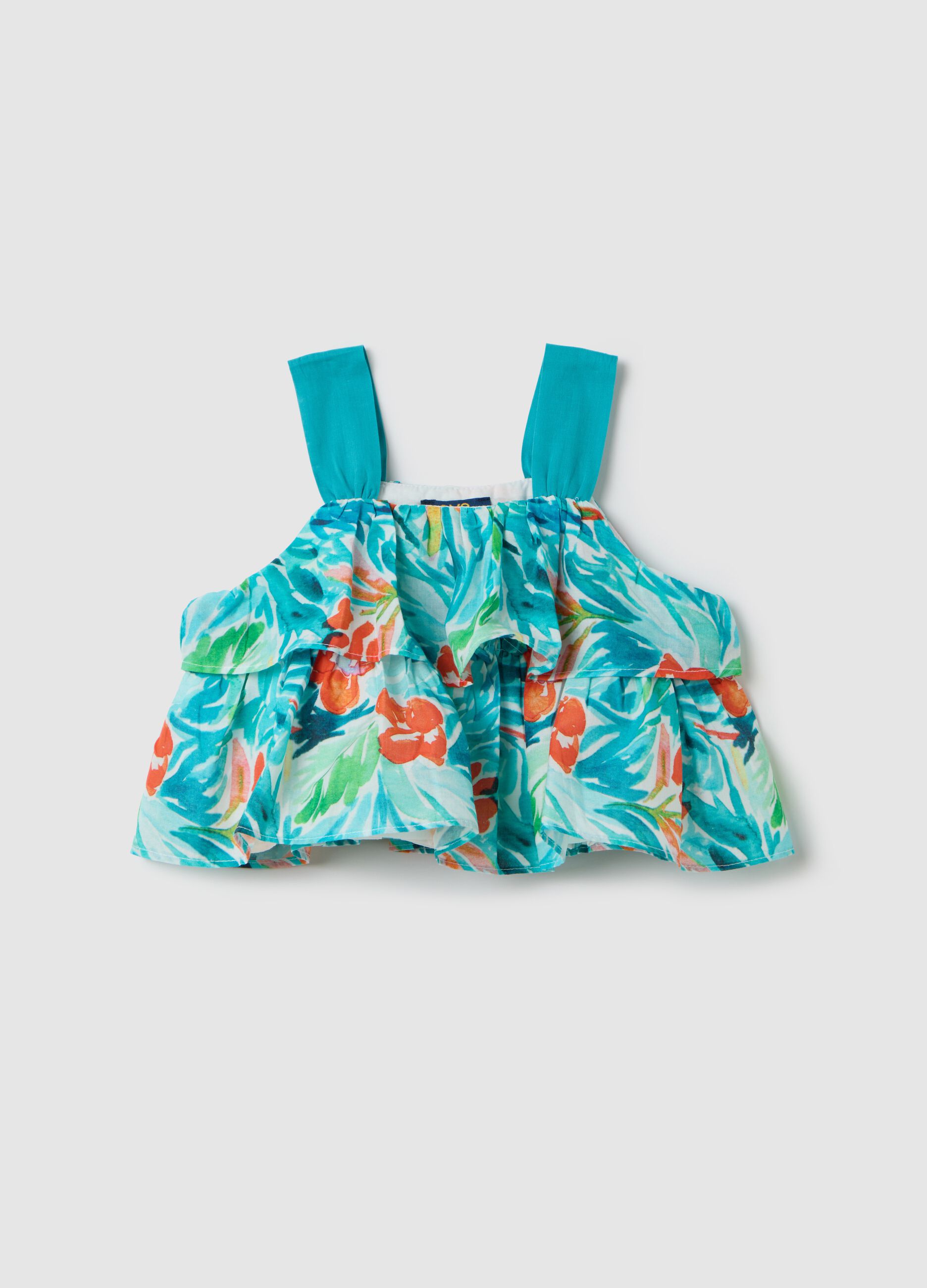 Multicoloured blouse with flounces in cotton