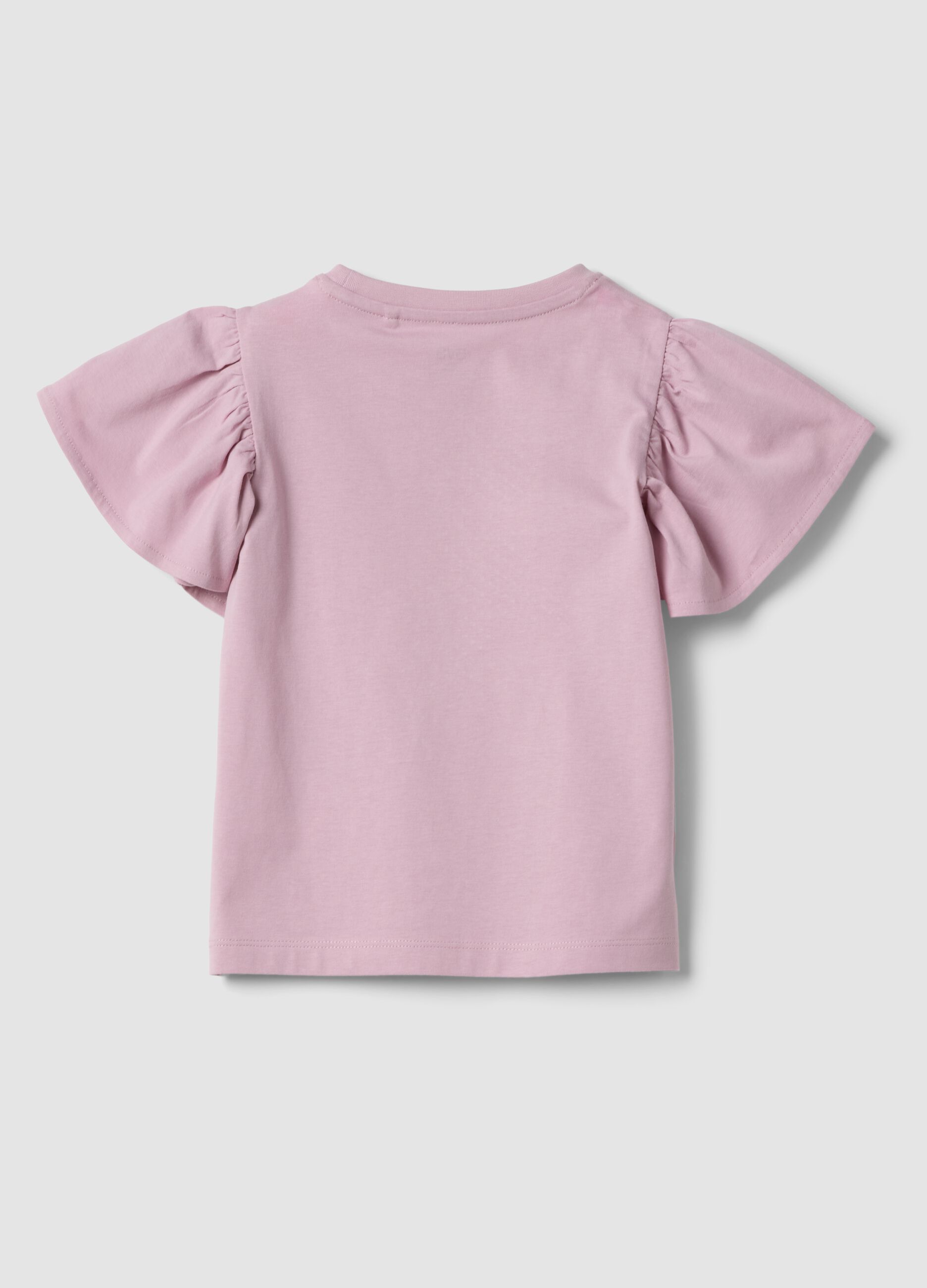 Girls&rsquo; pink pure cotton T-shirt with frill sleeves and rhinestones
