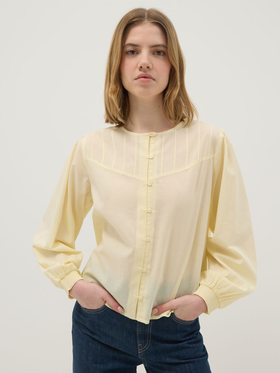 Beige pure cotton regular fit shirt with buttons and rounded collar_0