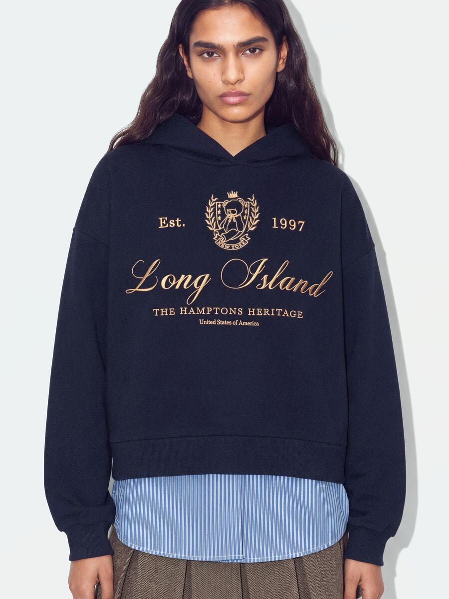 Blue cotton-blend hoodie sweatshirt with layered shirt-effect hem_1