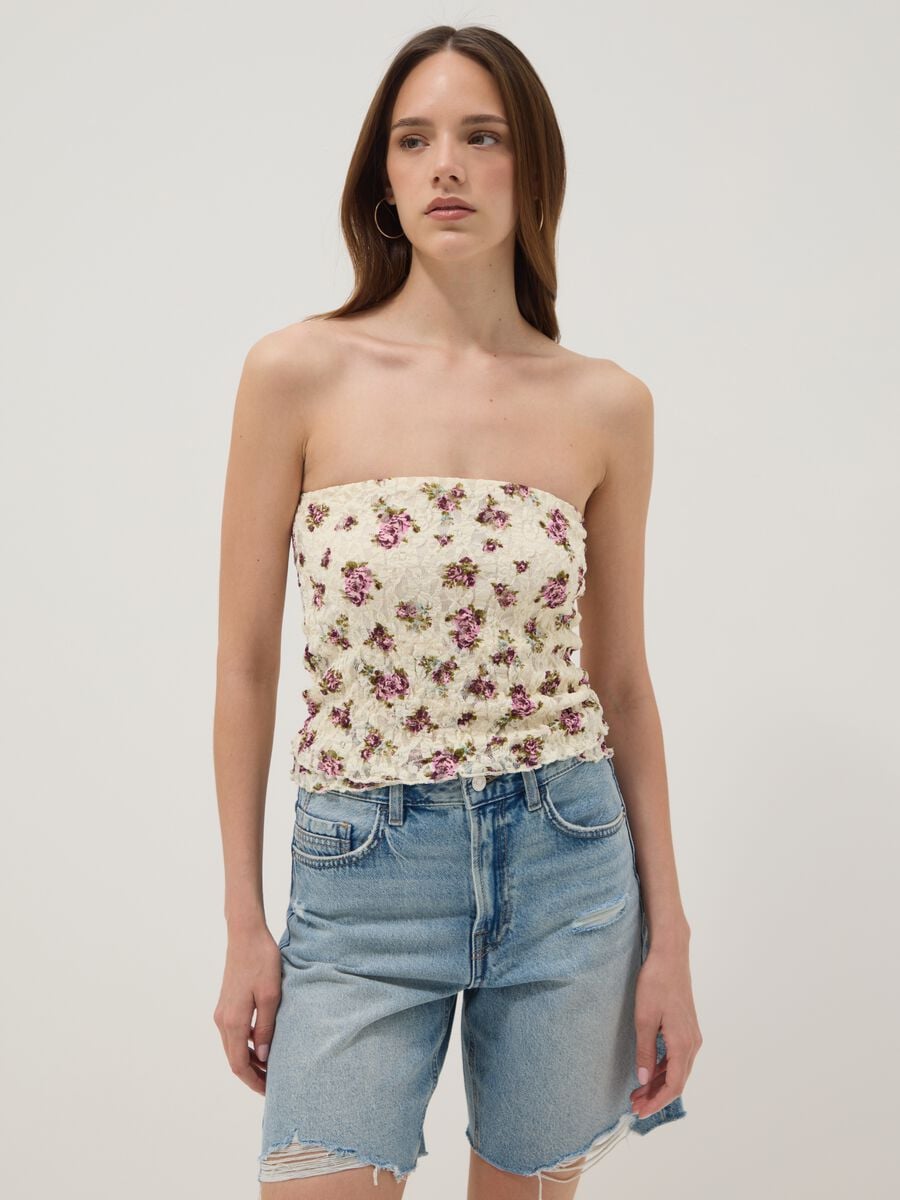 Top beige corto in tessuto elasticizzato a fiori regular fit_0