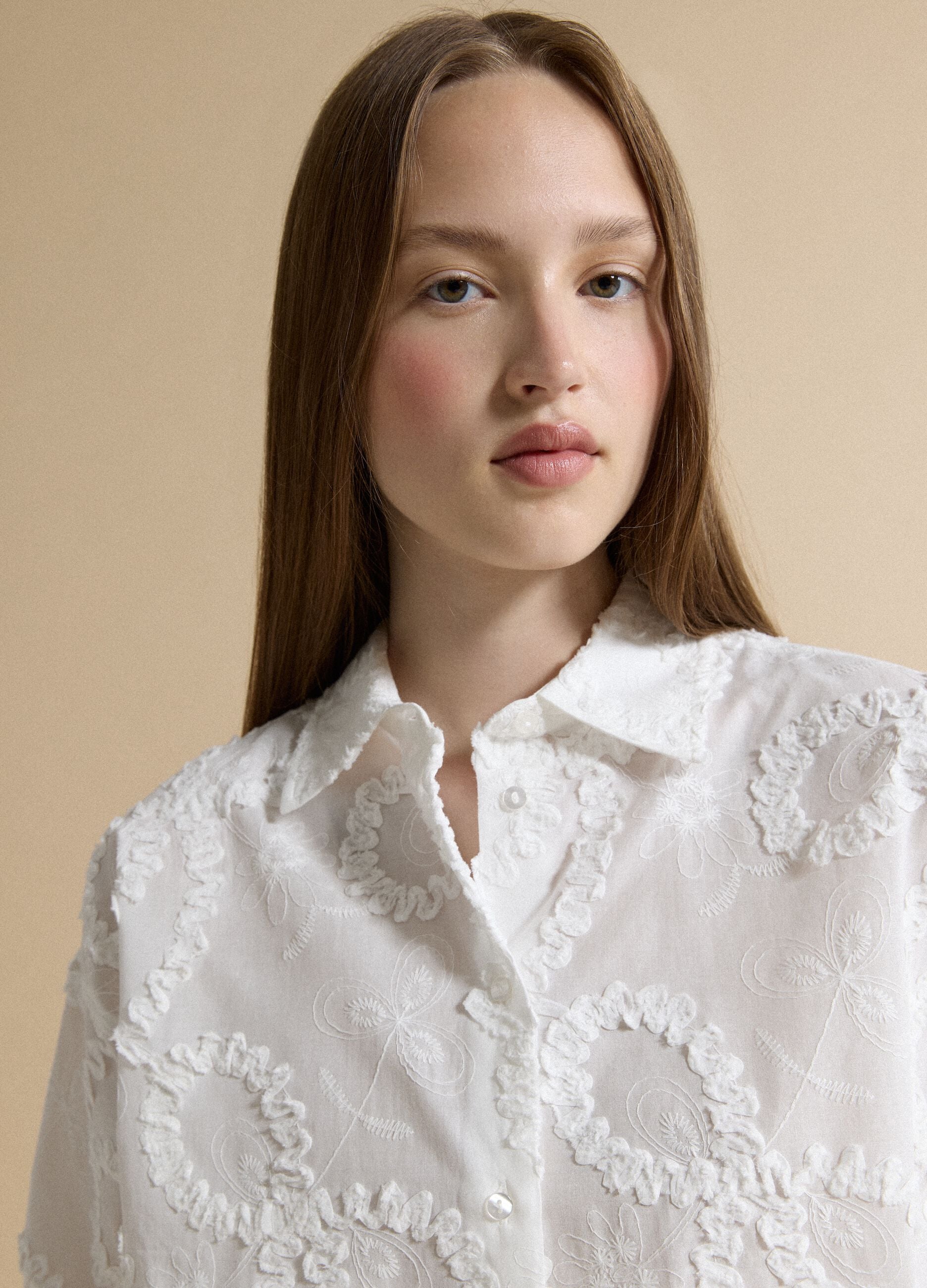 White pure cotton shirt with floral embroidery, regular fit