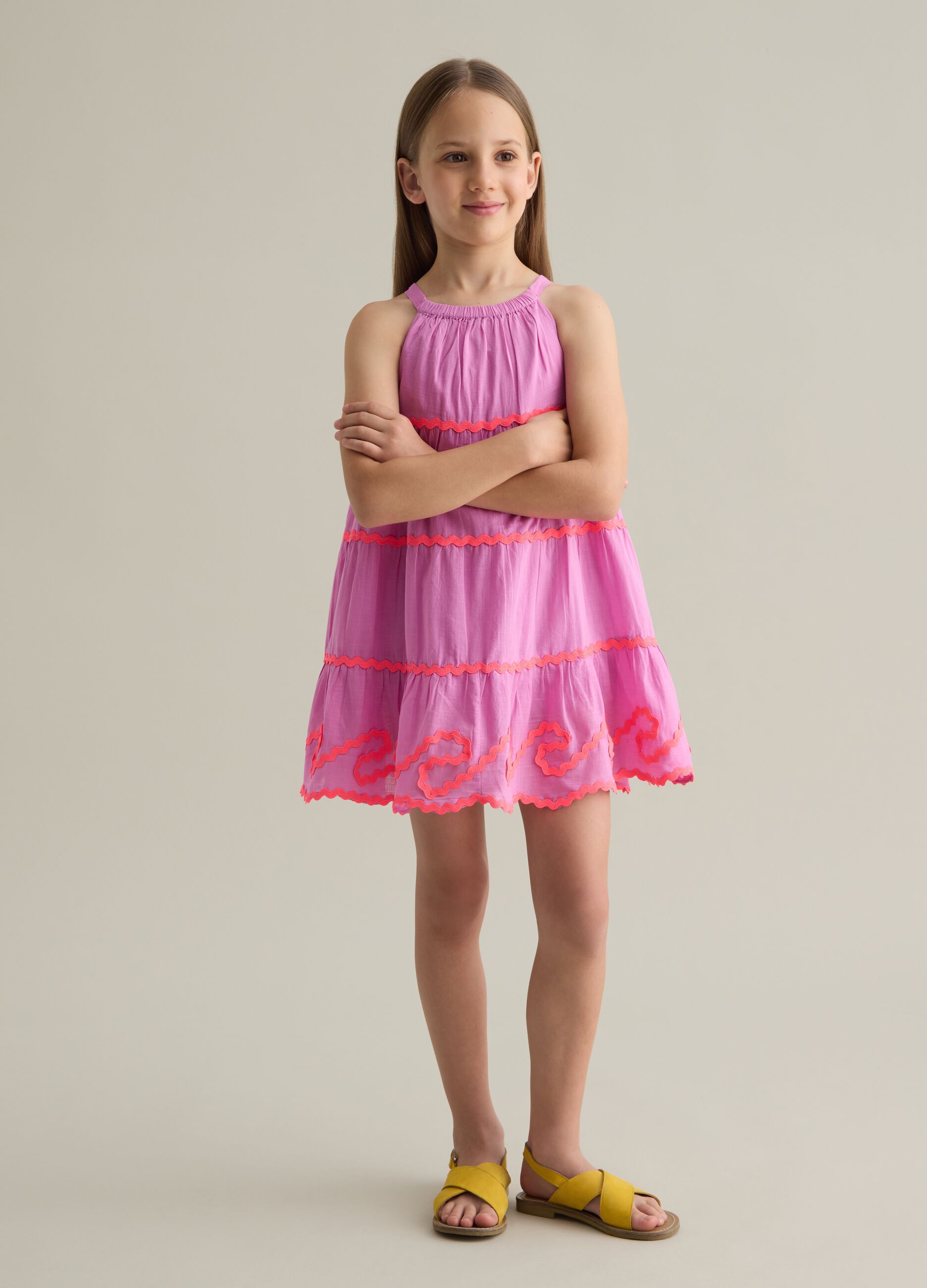 Multicolour cotton baby dress with regular fit and layered ruffles