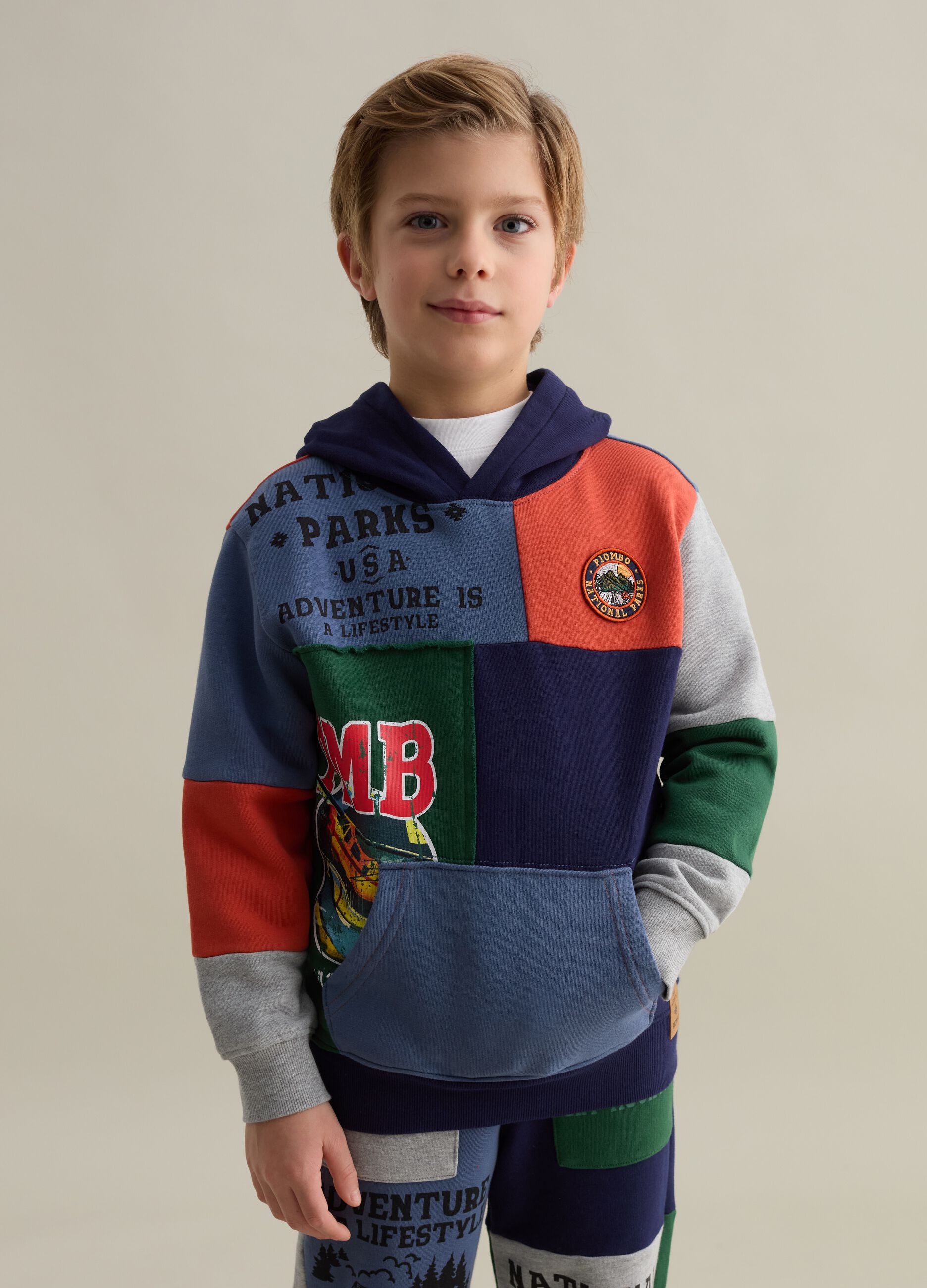 Patchwork-effect sweatshirt with hood
