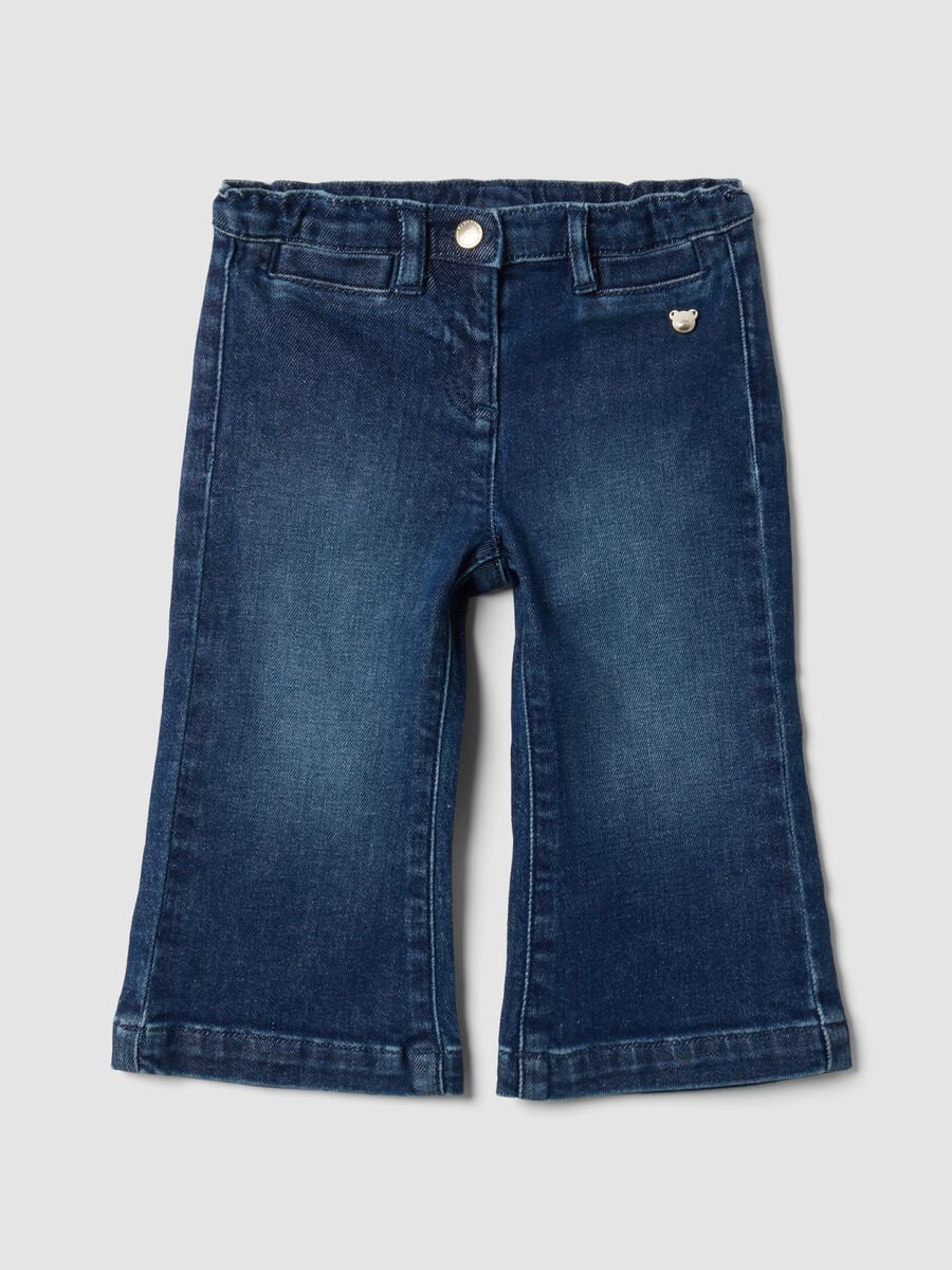 Blue flared stretch-cotton jeans with teddy bear button for baby girl_0