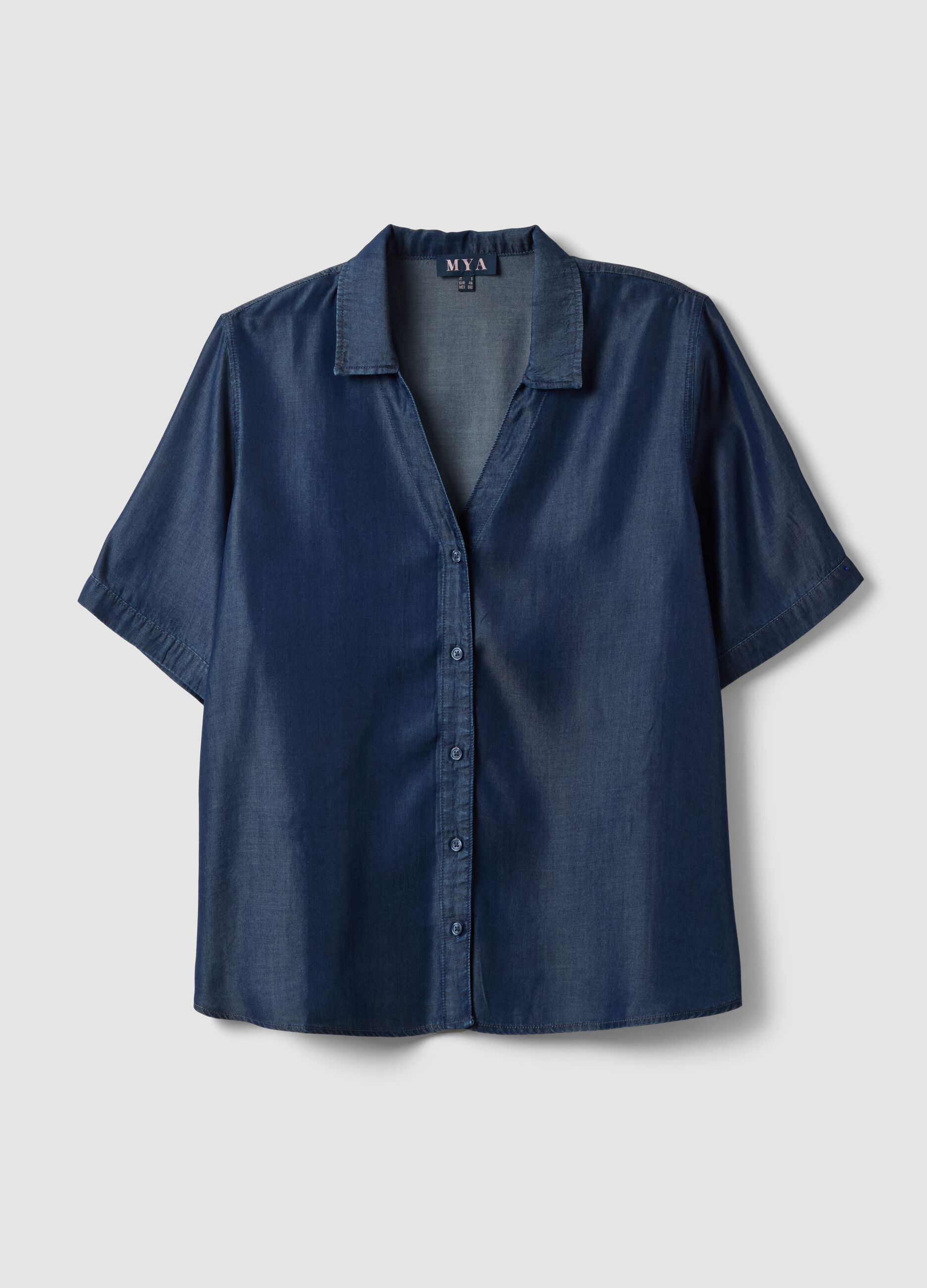 Camicia blu in puro lyocell a maniche corte regular fit