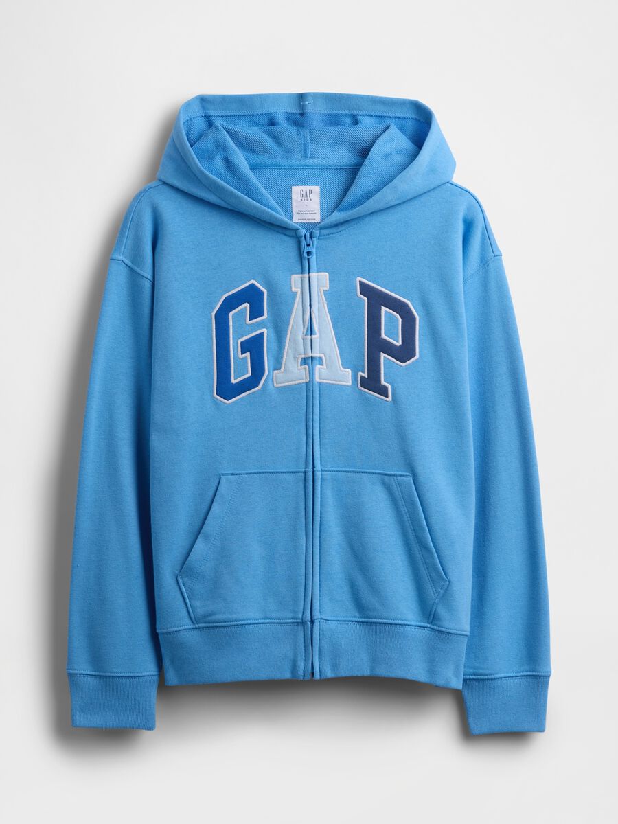 Felpa in misto cotone azzurra da bambino con logo, zip e cappuccio_3