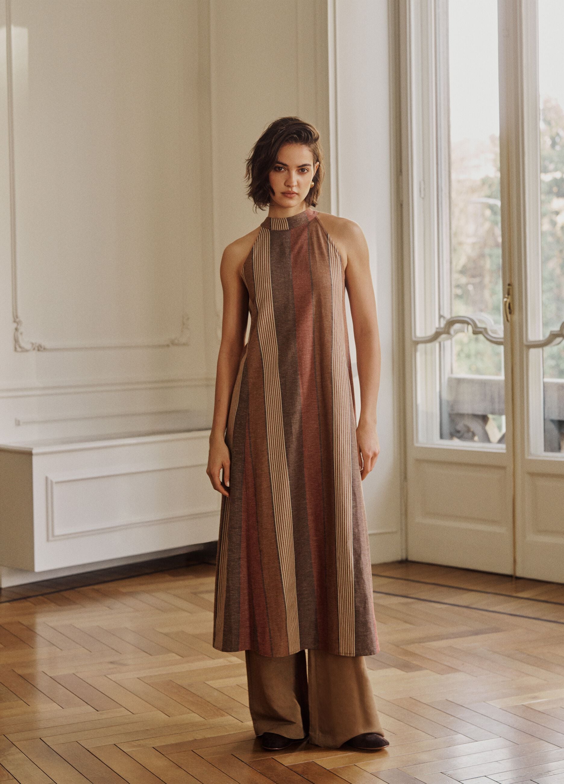 Multicoloured striped viscose and linen blend dress with relaxed fit