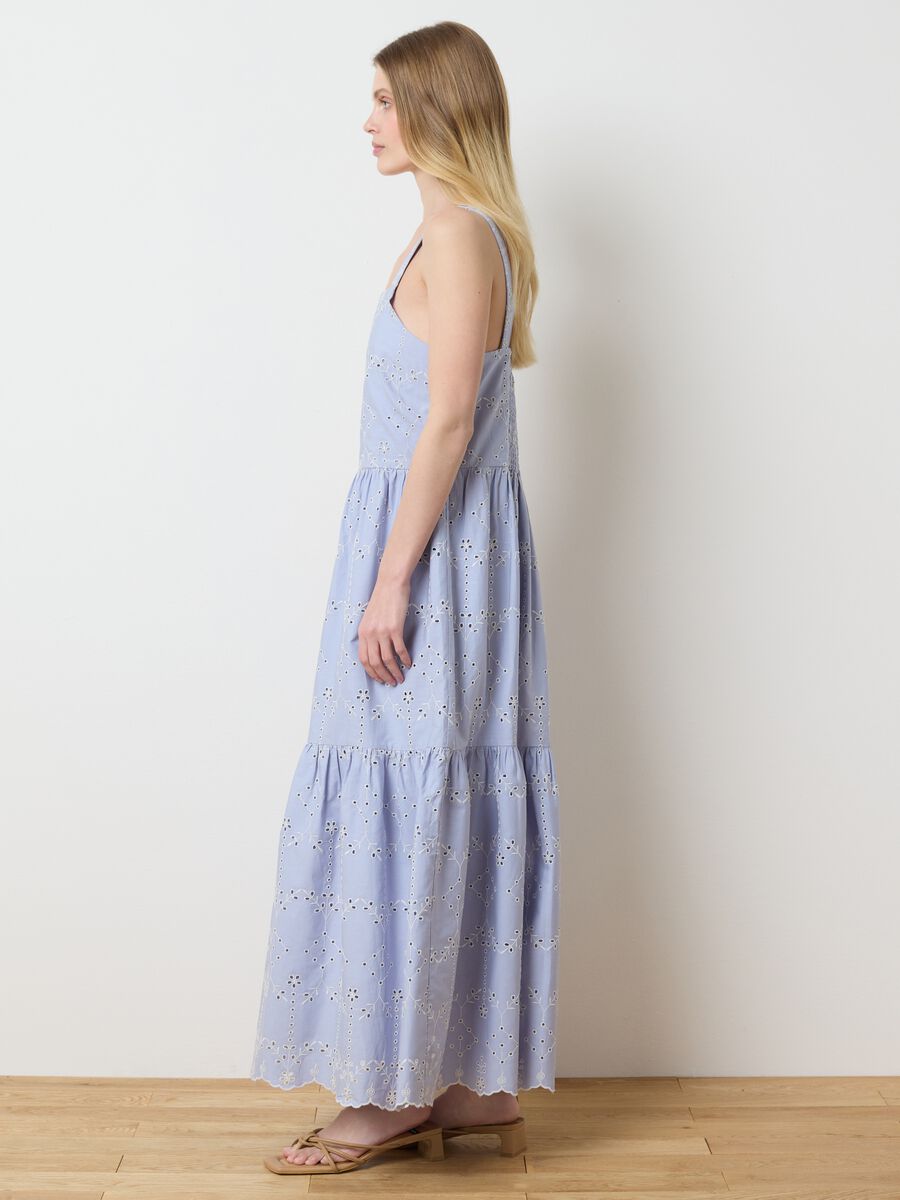Women's long blue pure cotton dress with wide fit and ruffles_1