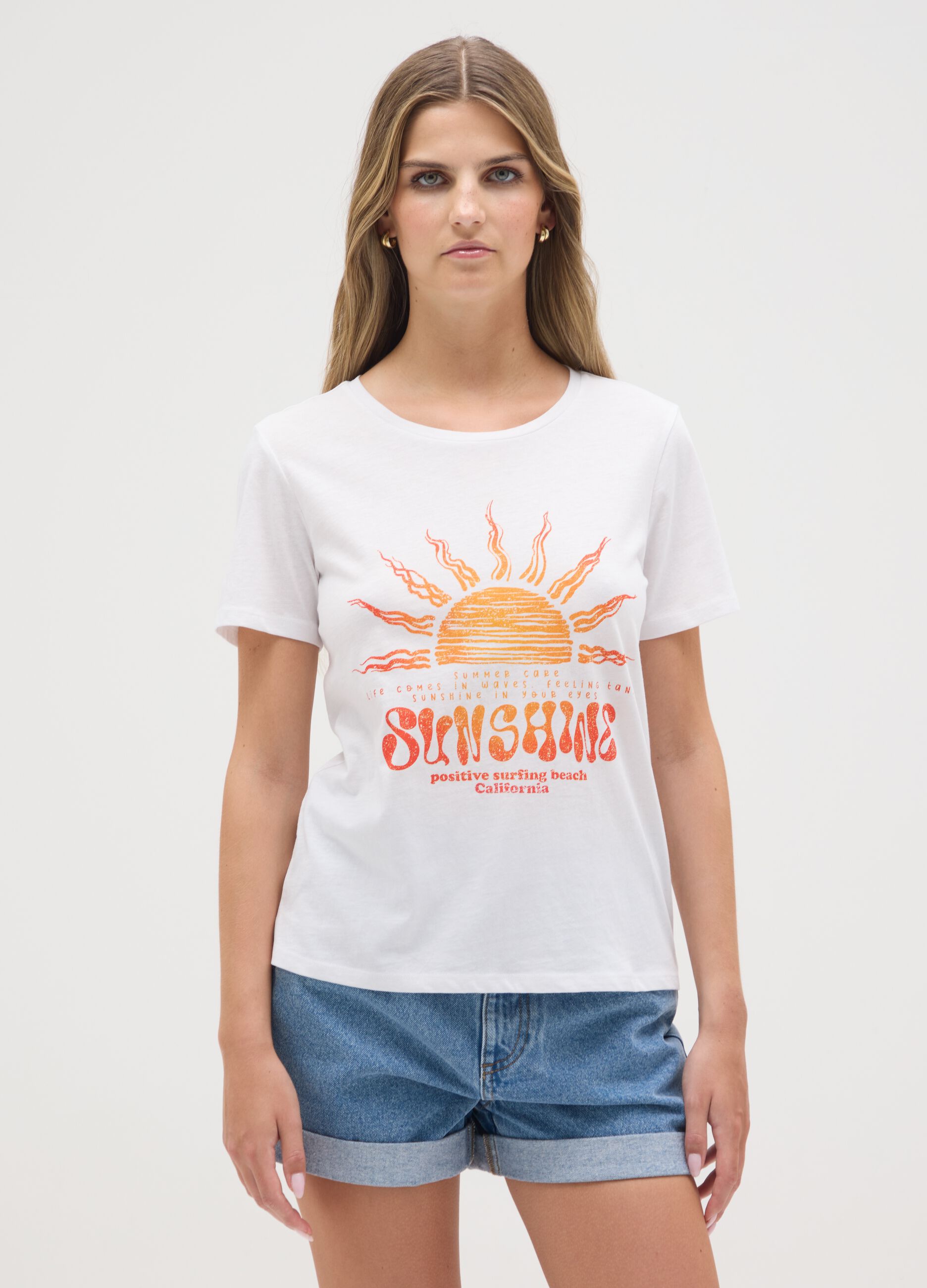 Women's white pure cotton T-shirt regular fit with print