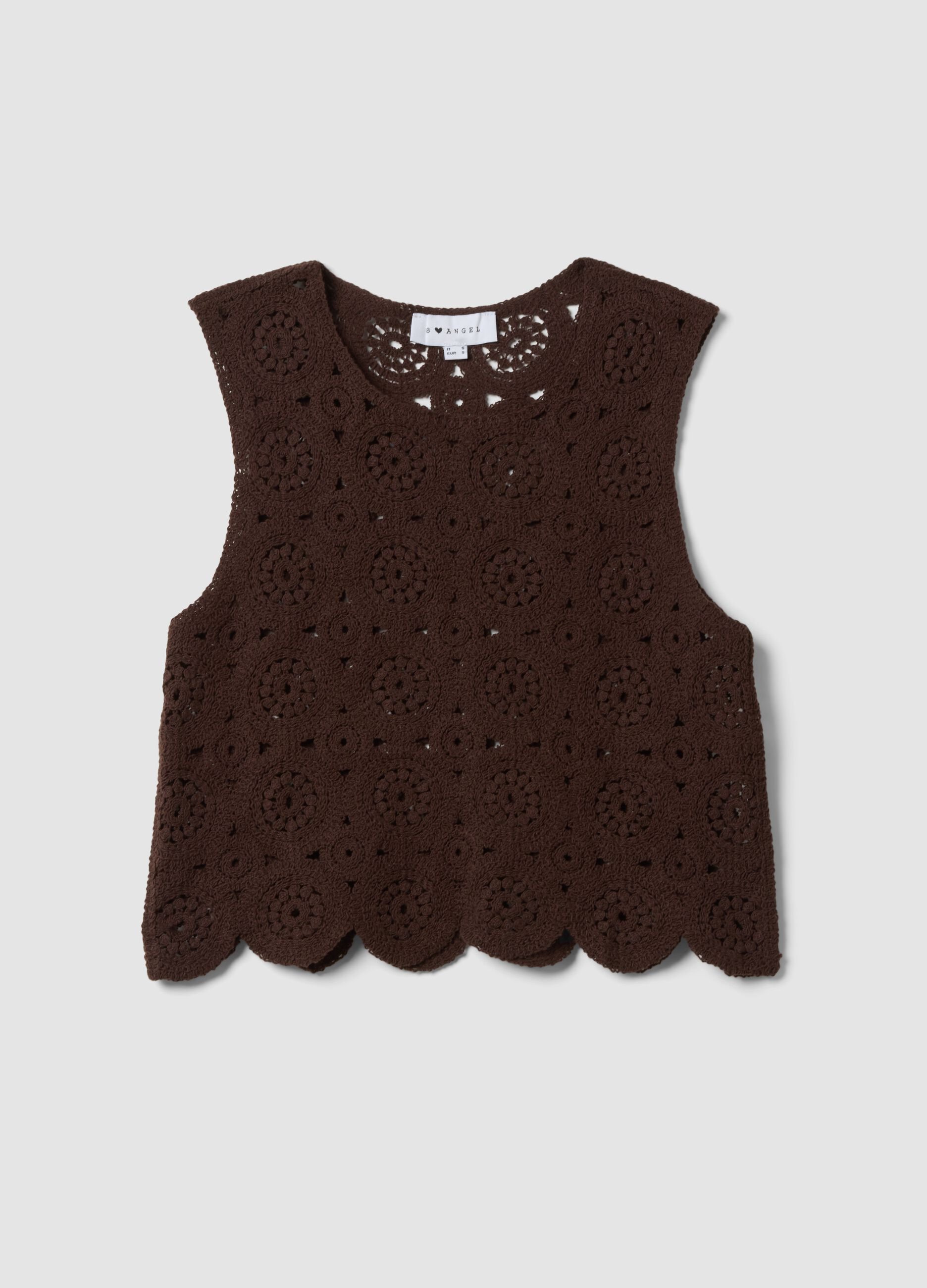 Brown cotton-blend crochet tank top, regular fit