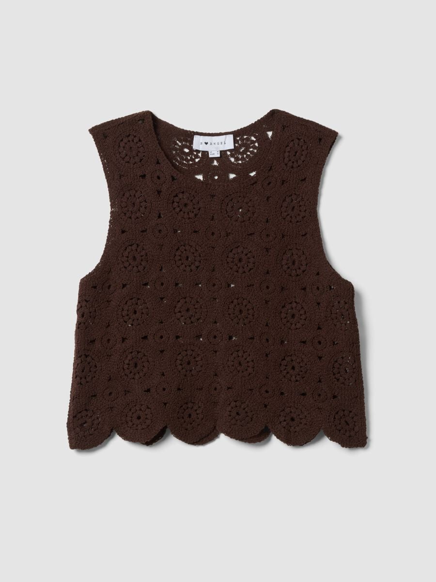 Brown cotton-blend crochet tank top, regular fit_4