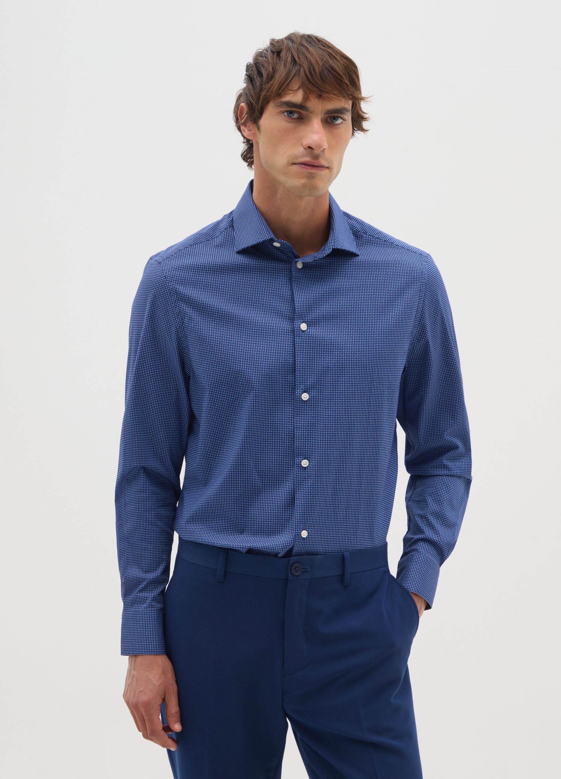 Blue Poplin Stretch Cotton Blend Shirt