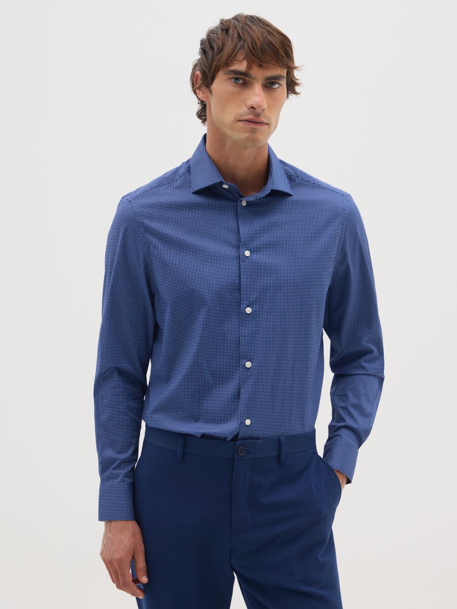 Blue Poplin Stretch Cotton Blend Shirt_0