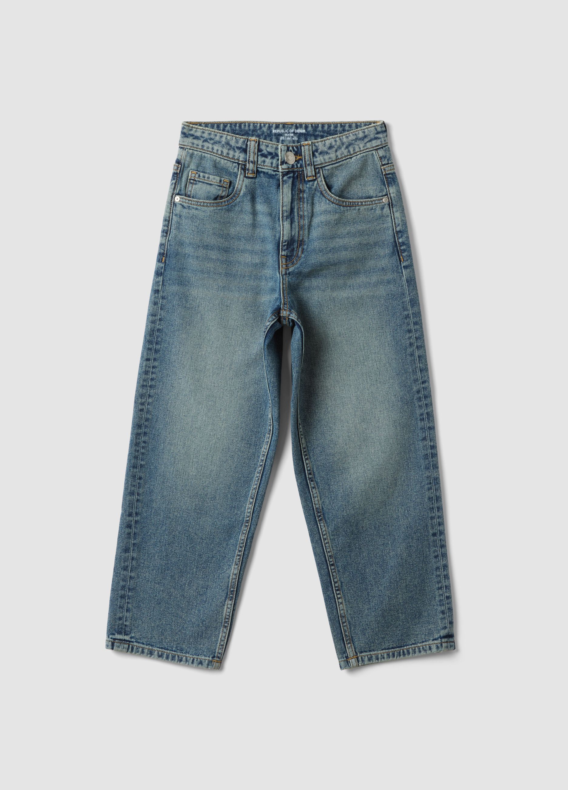 Jeans denim in puro cotone con vita elasticizzata skater fit per ragazzo
