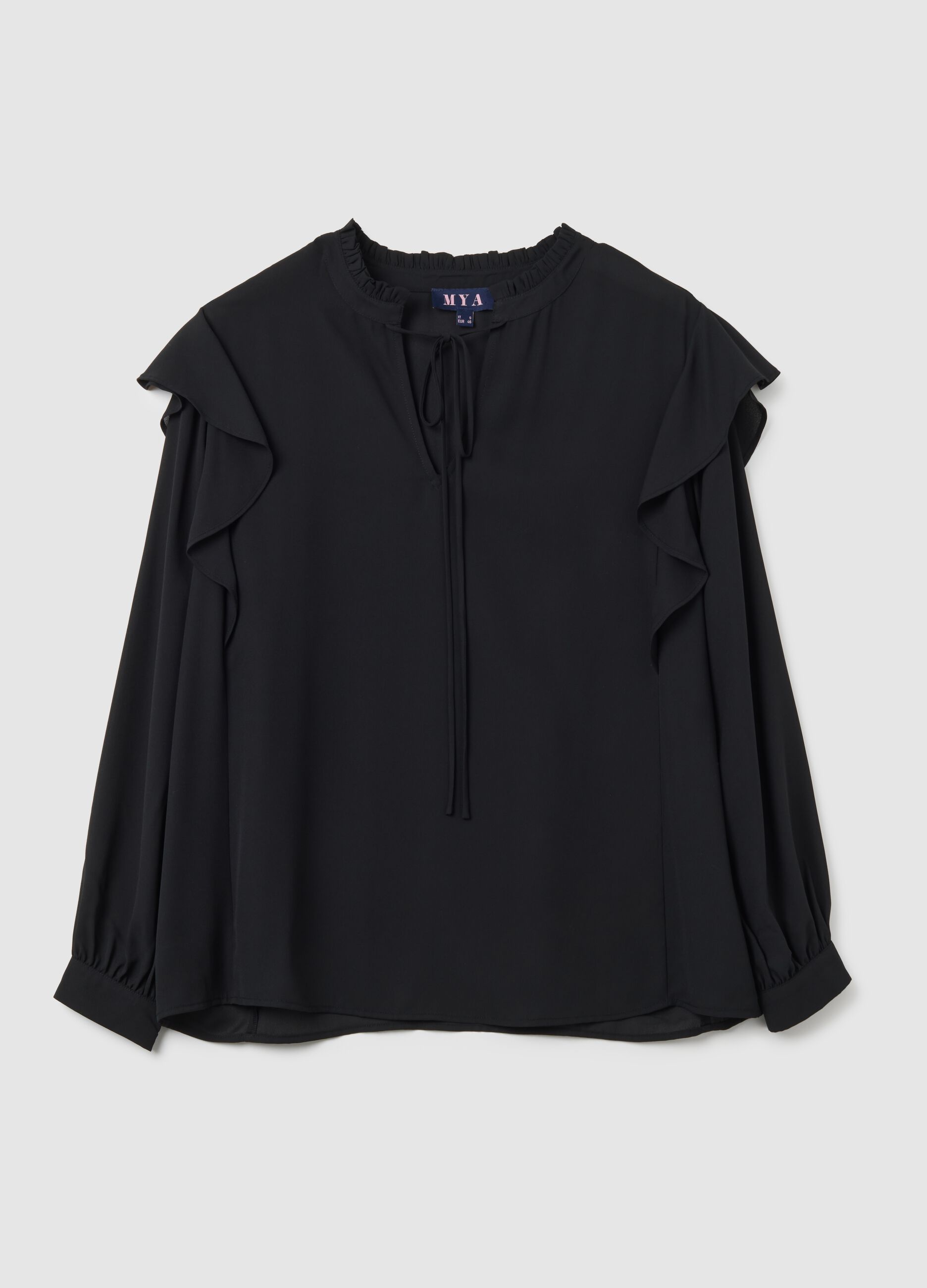 Black regular fit blouse with ruffles