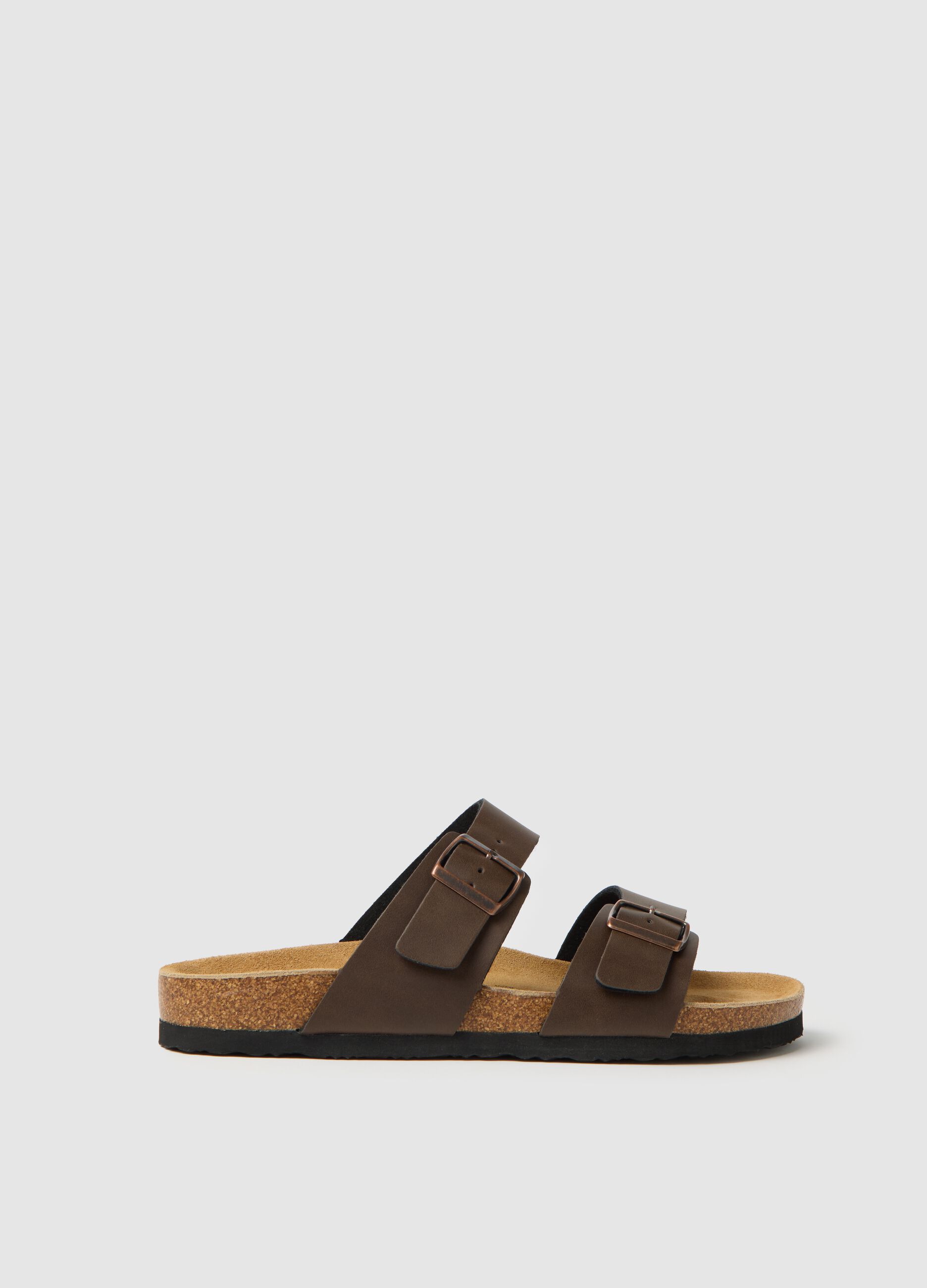 Men's brown genuine leather sandals with adjustable buckles