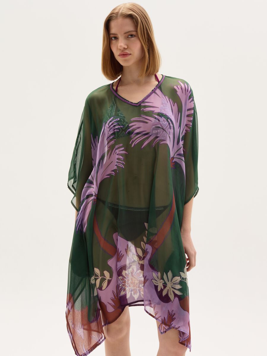Beach cover-up poncho in chiffon with print_0