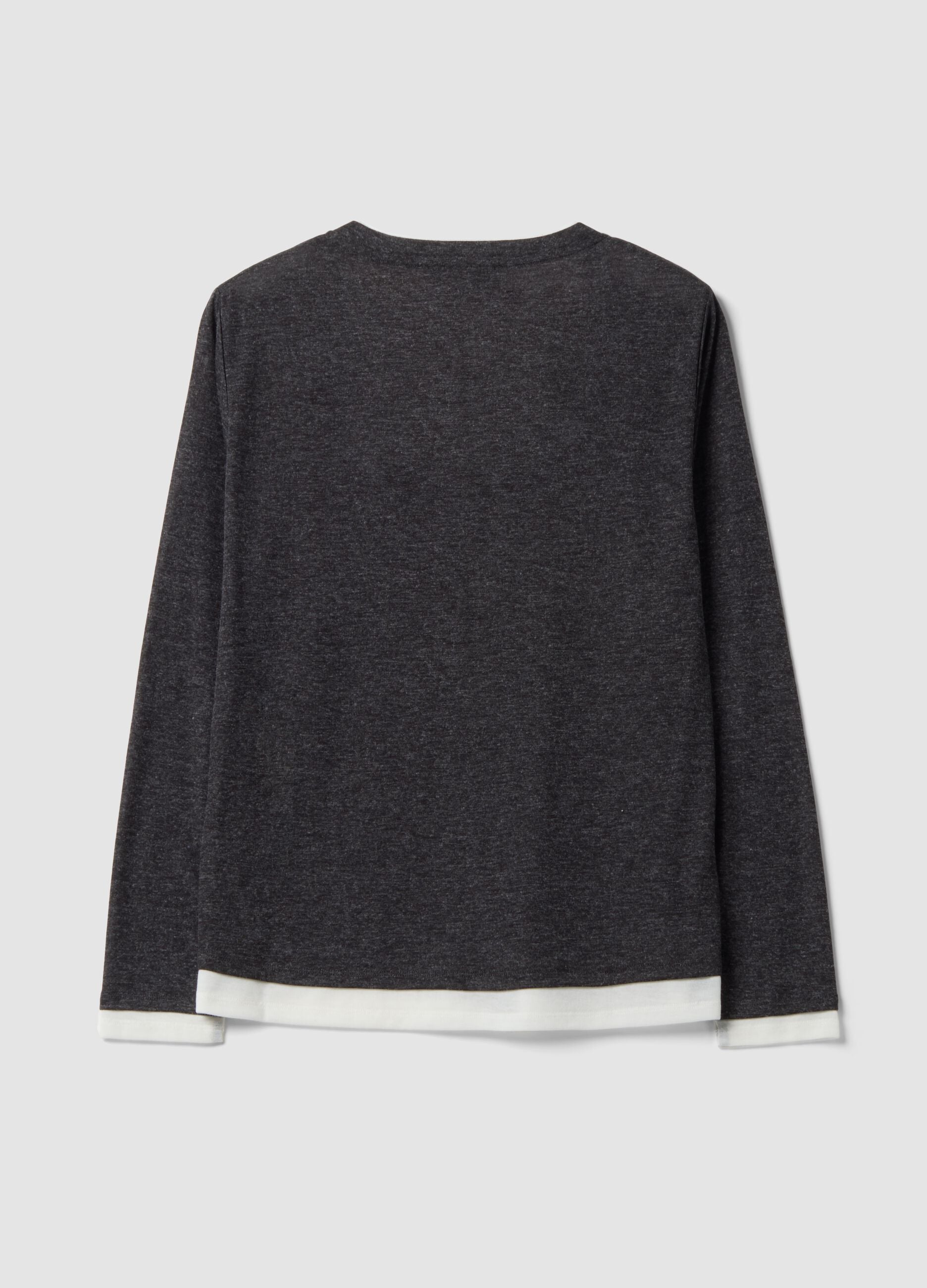 Grey viscose-blend T-shirt with white contrast crew neck, regular fit