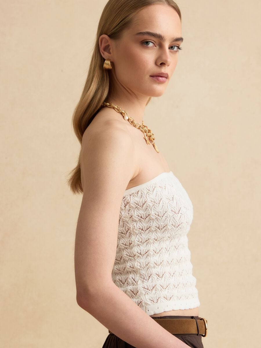 White pure cotton bandeau top with openwork knit_0