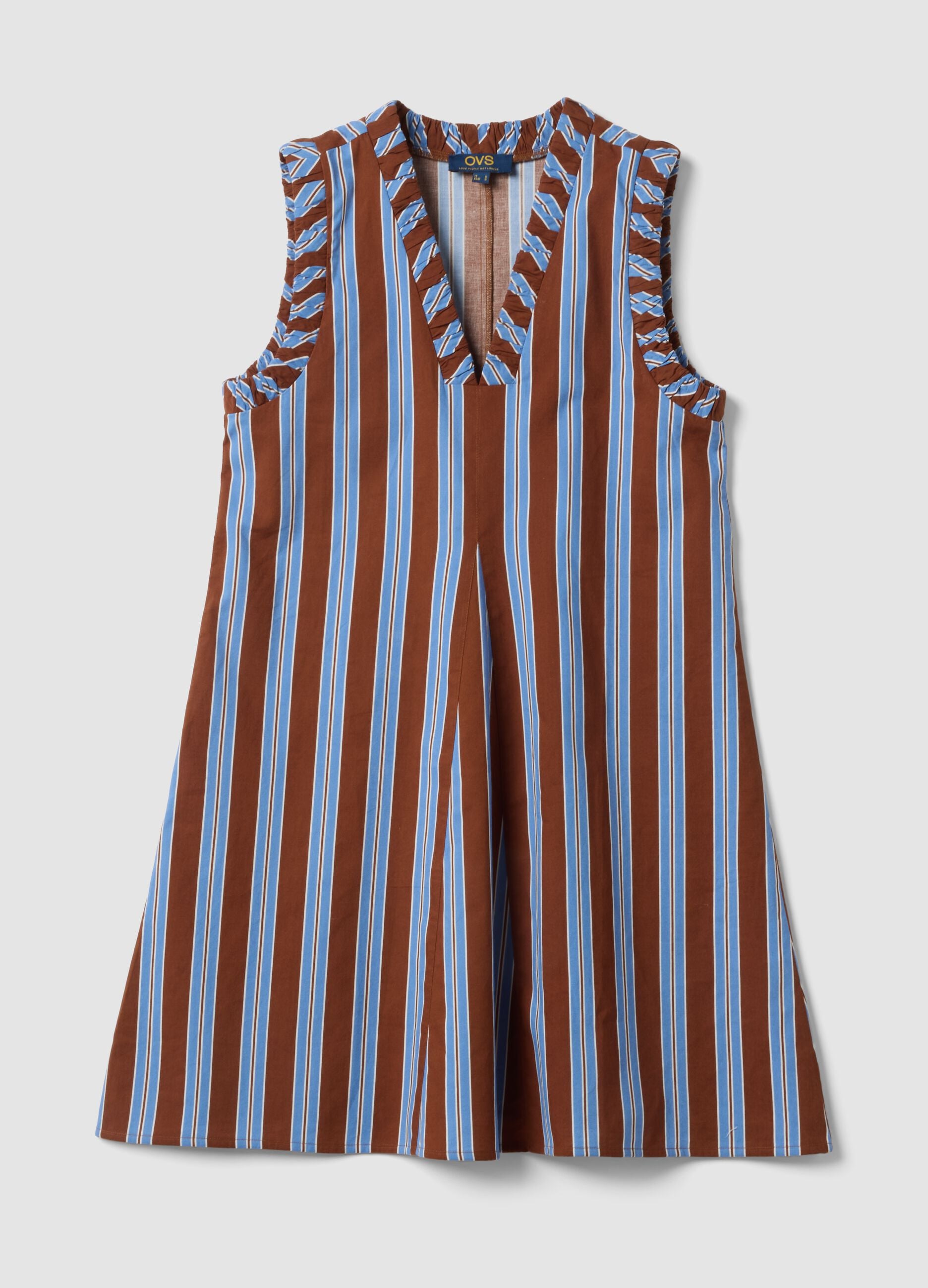 Multicolour striped pure cotton mini dress with V-neck, regular fit