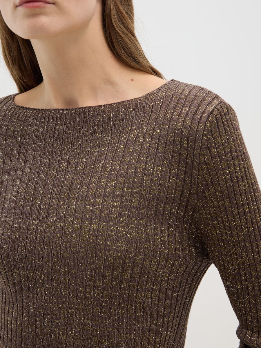 Brown Ribbed Jumper with Metallic Fibres_3
