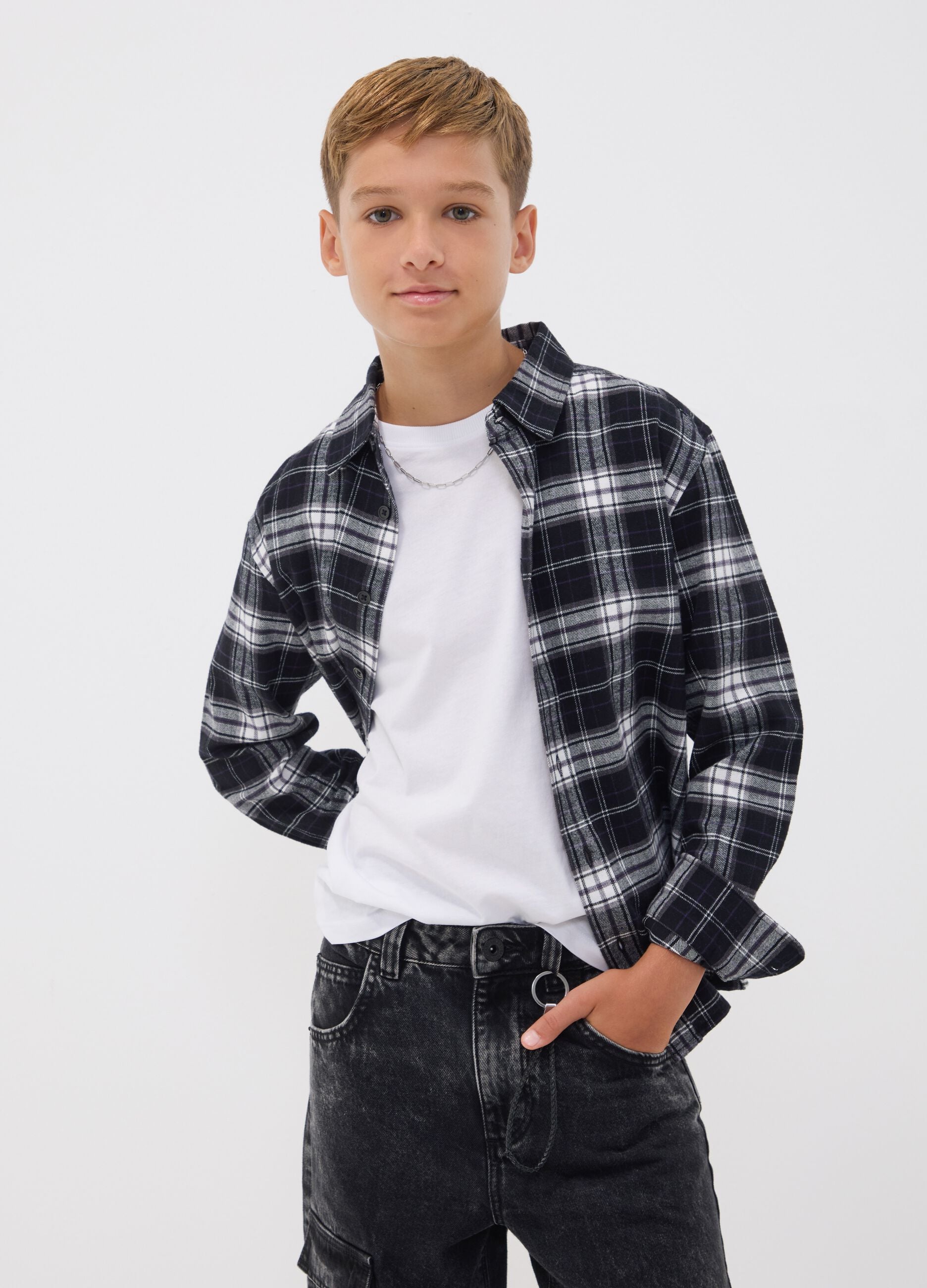Black checked pure cotton regular-fit shirt for boys