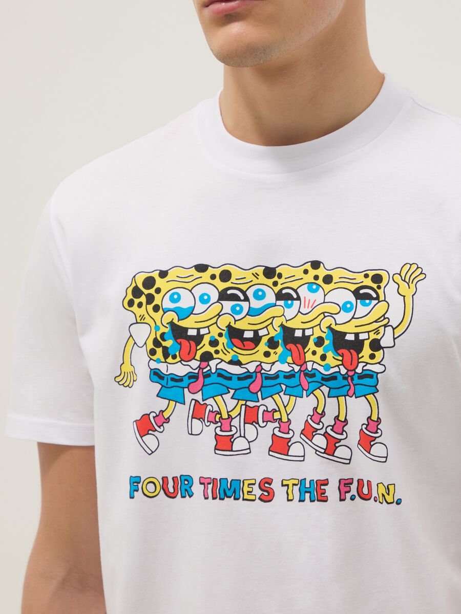 White pure cotton regular fit T-shirt with SpongeBob print_3