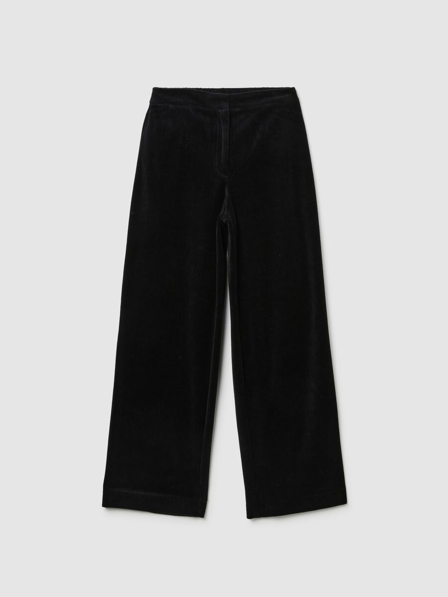Regular fit black cotton and velvet blend trousers_0
