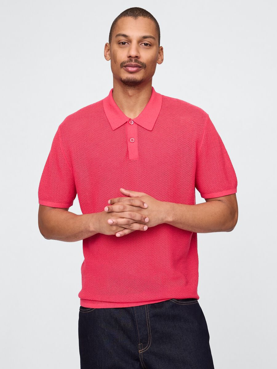 Pink Short Sleeve Polo in Textured Fabric_0