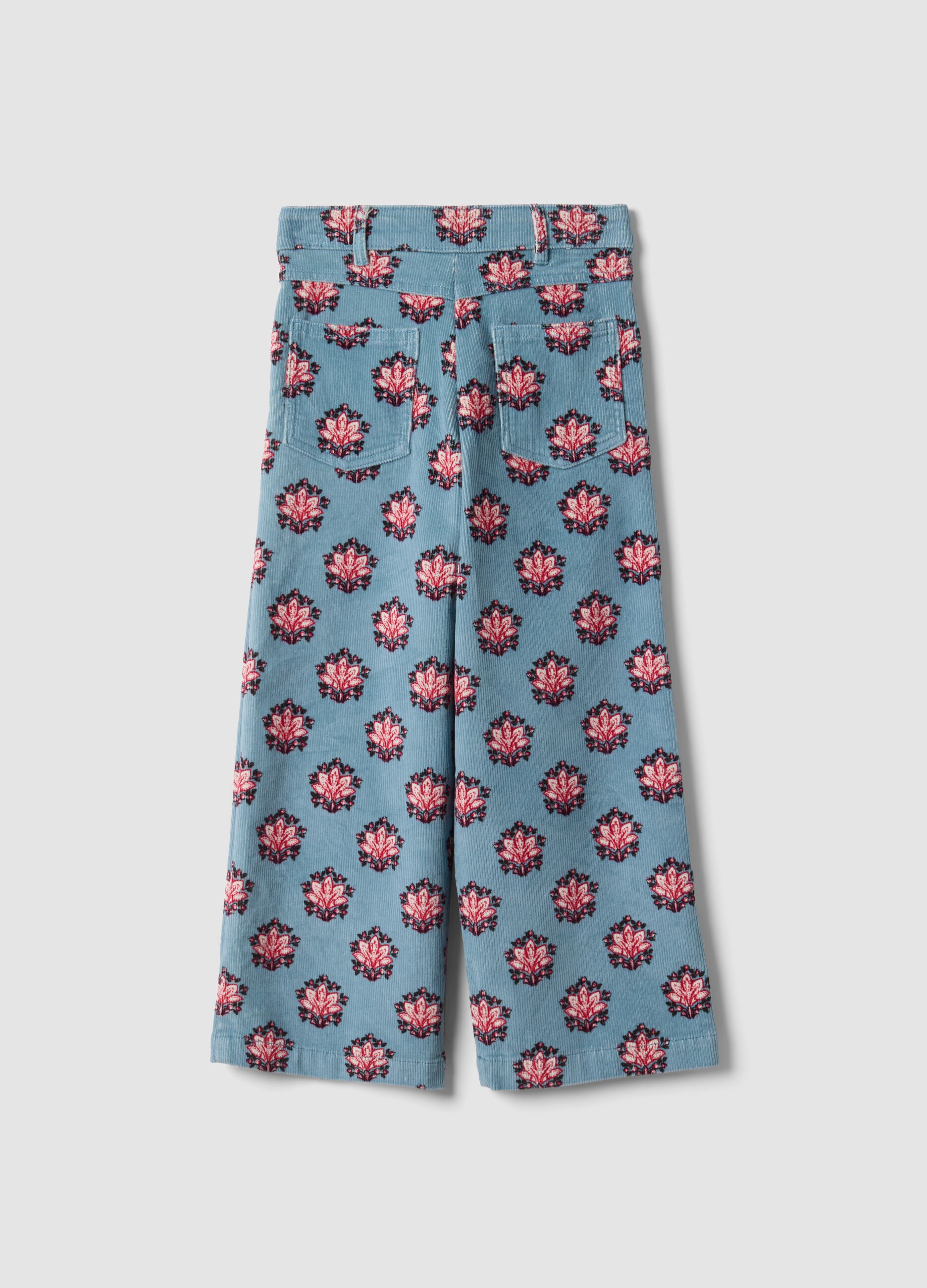 Light Blue Ribbed Stretch Cotton Patterned Trousers