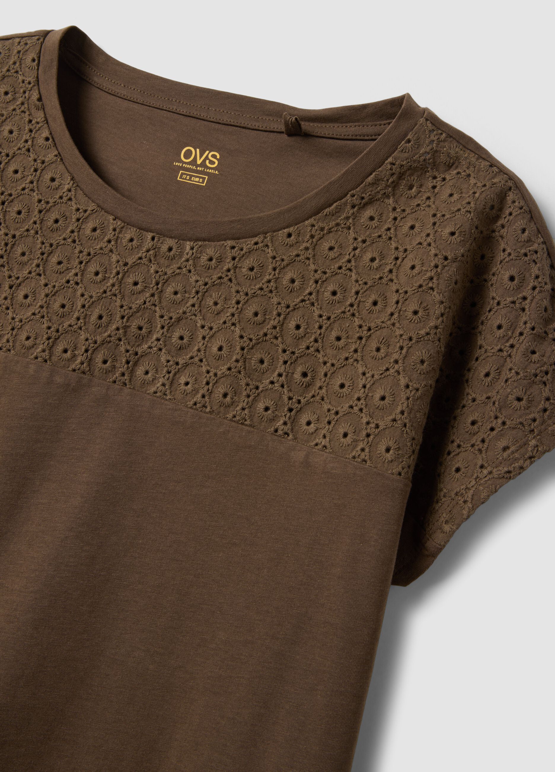 Brown pure cotton T-shirt with broderie anglaise insert