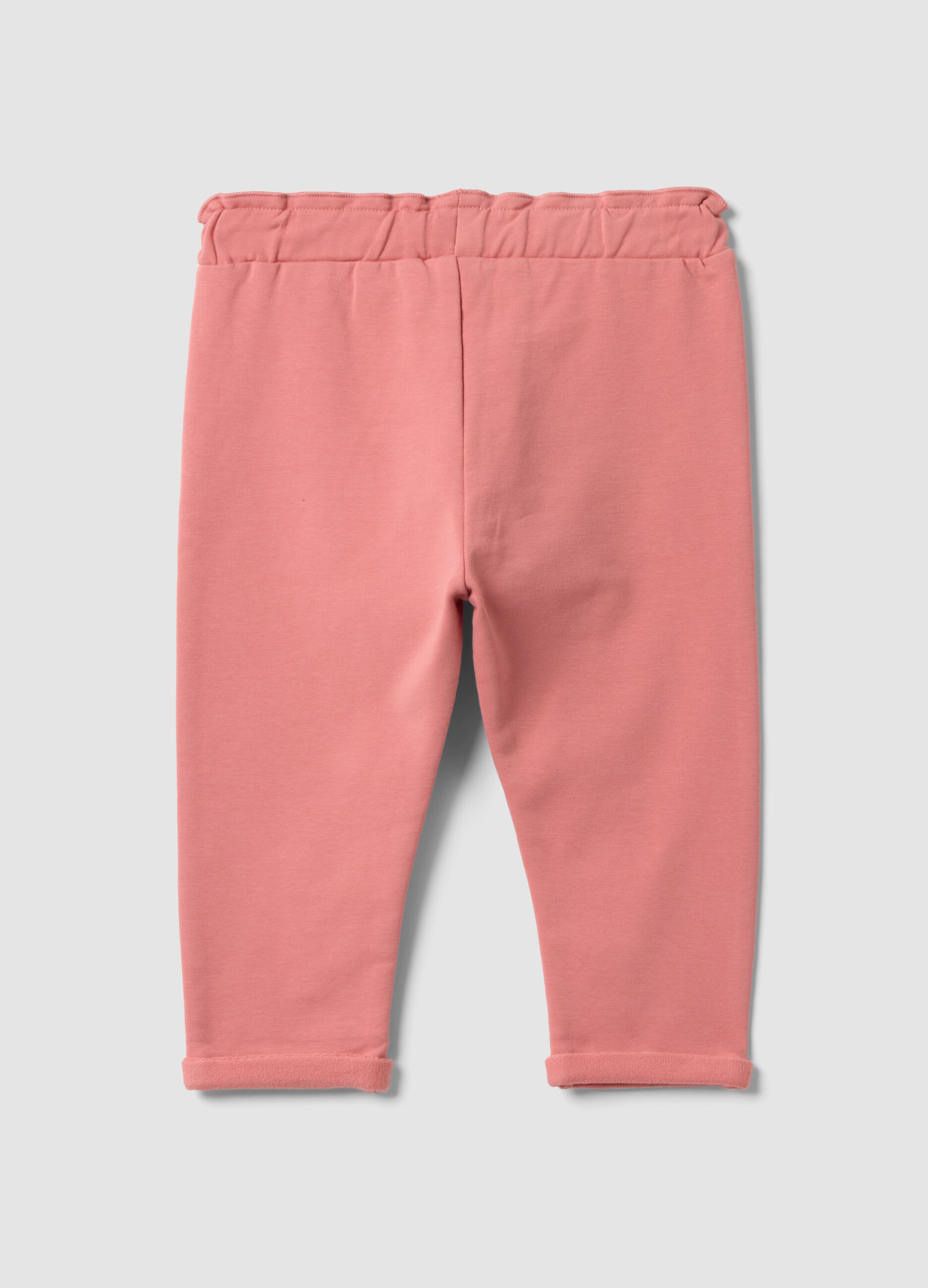 Pink stretch cotton joggers with turn-up hem for baby girl
