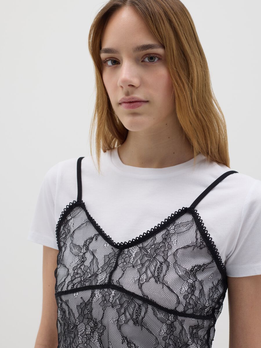 Pure cotton T-shirt with black lace overlay_3