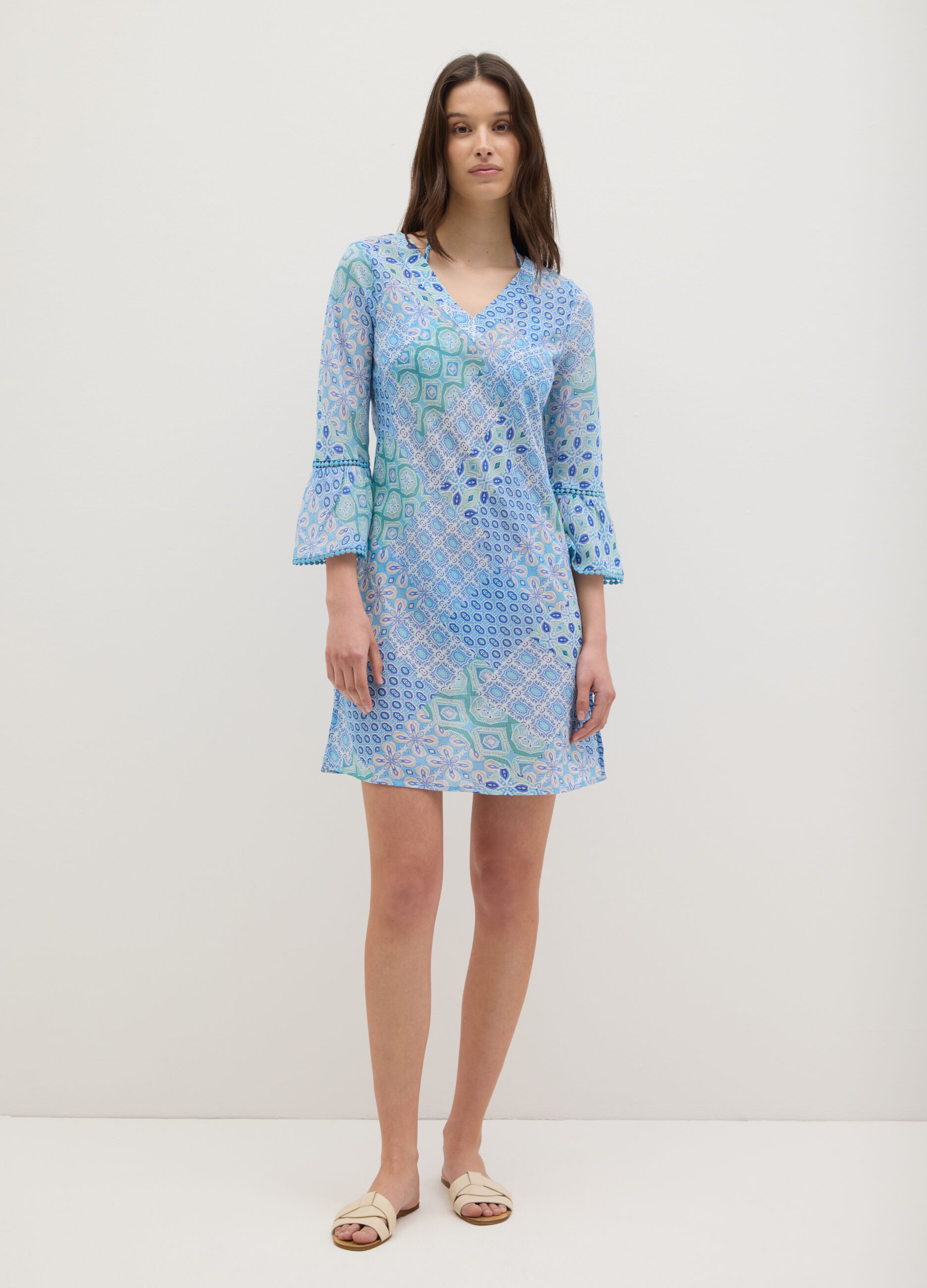 Women's Short Dress in Multicoloured Pure Cotton