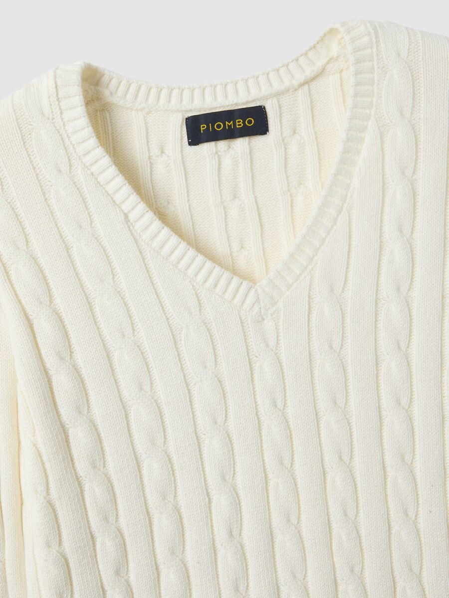 White pure cotton regular fit pullover with cable knit design_5