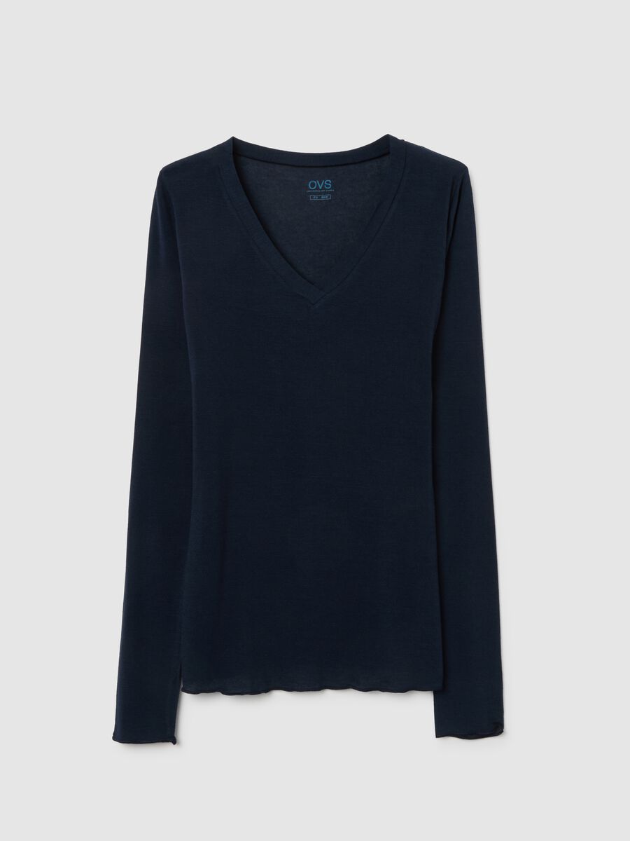 Maglia blu con cashmere e scollo a V_4