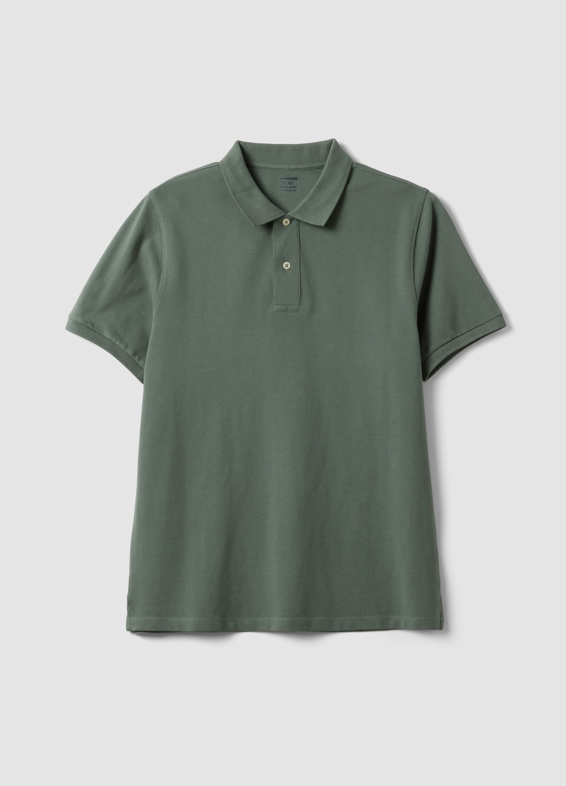 Green short-sleeved polo shirt in pure organic cotton