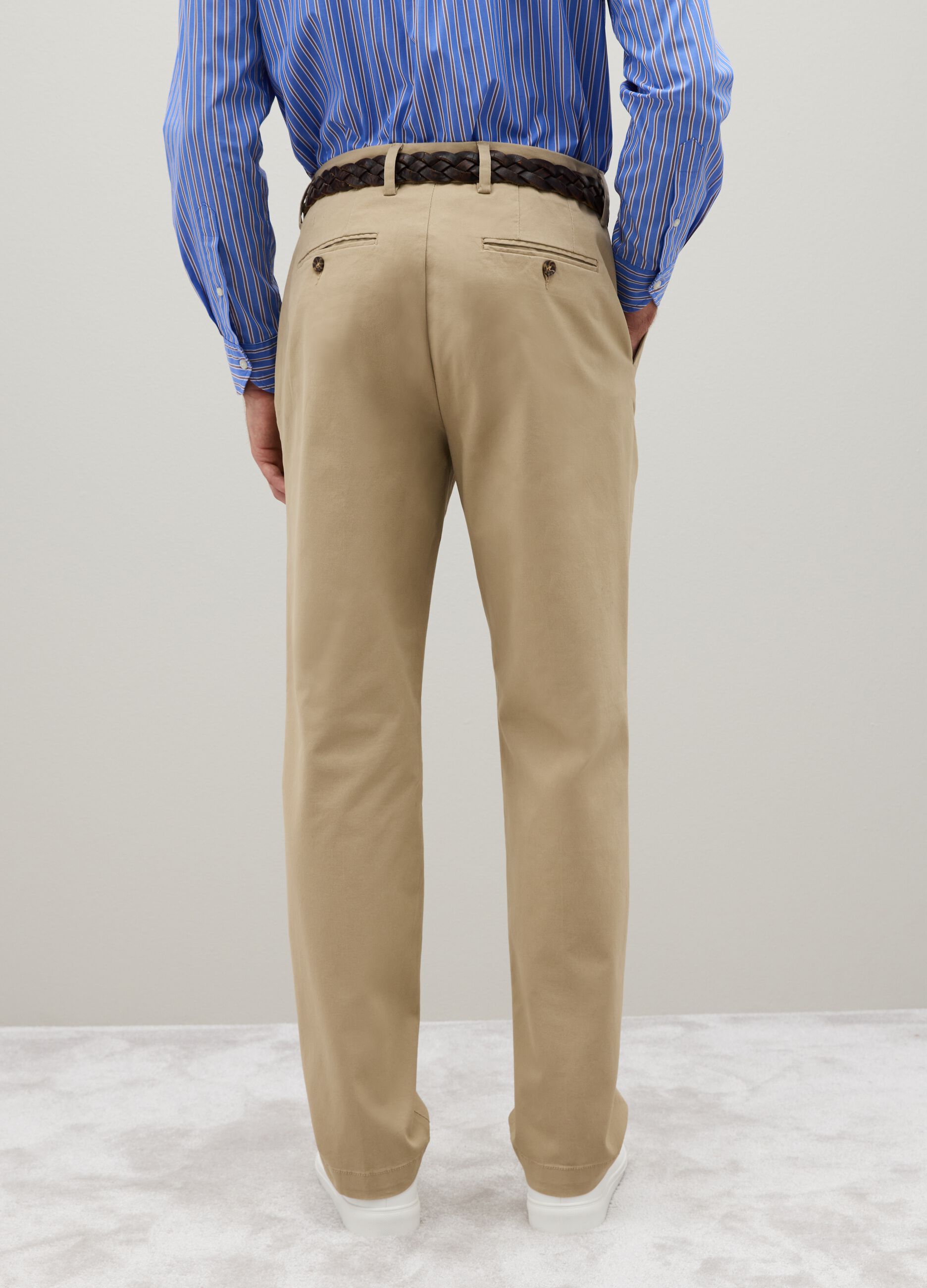 Beige Regular Fit Stretch Cotton Trousers
