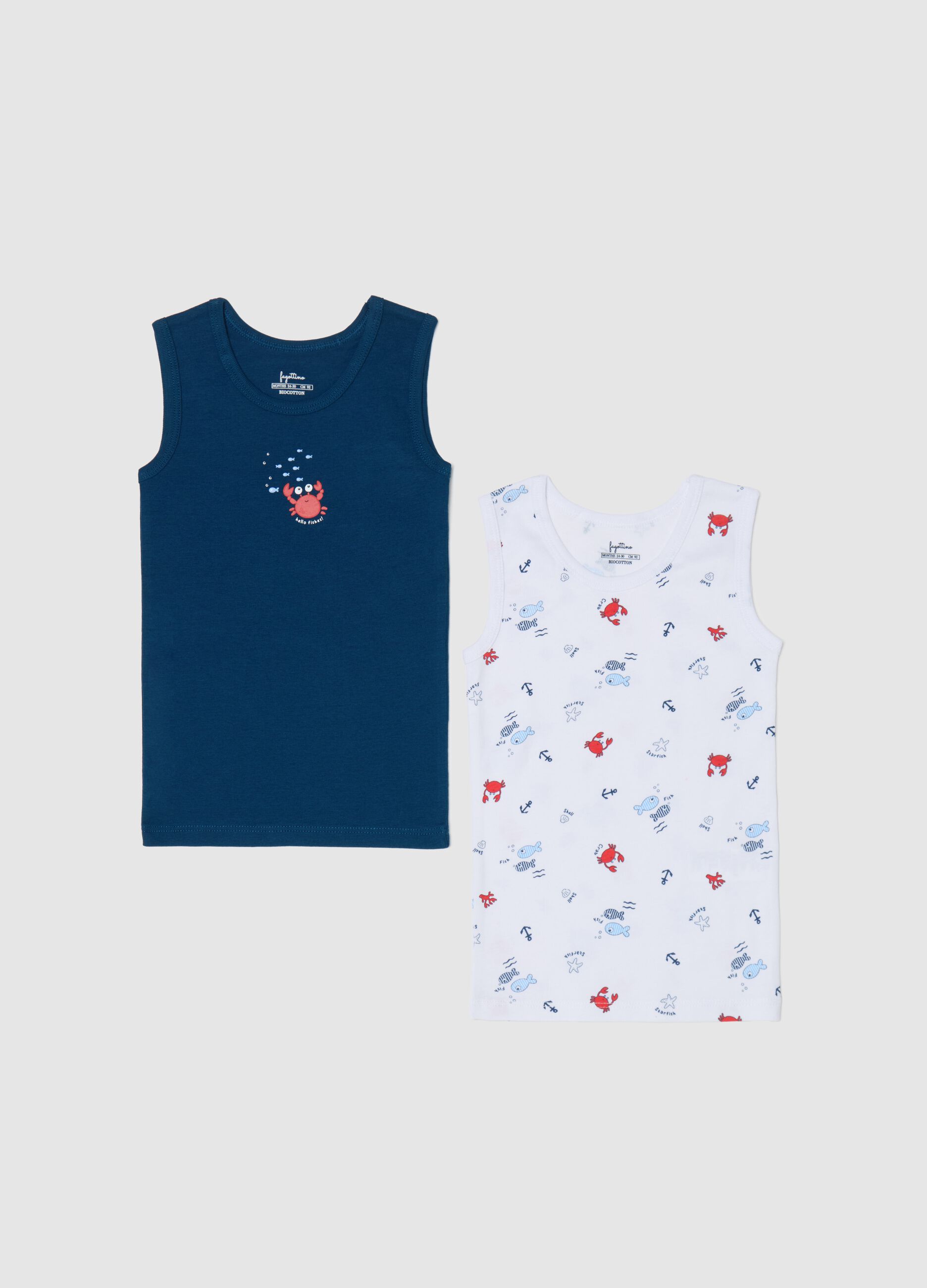 Two-pack racerback vests in organic cotton with fish print