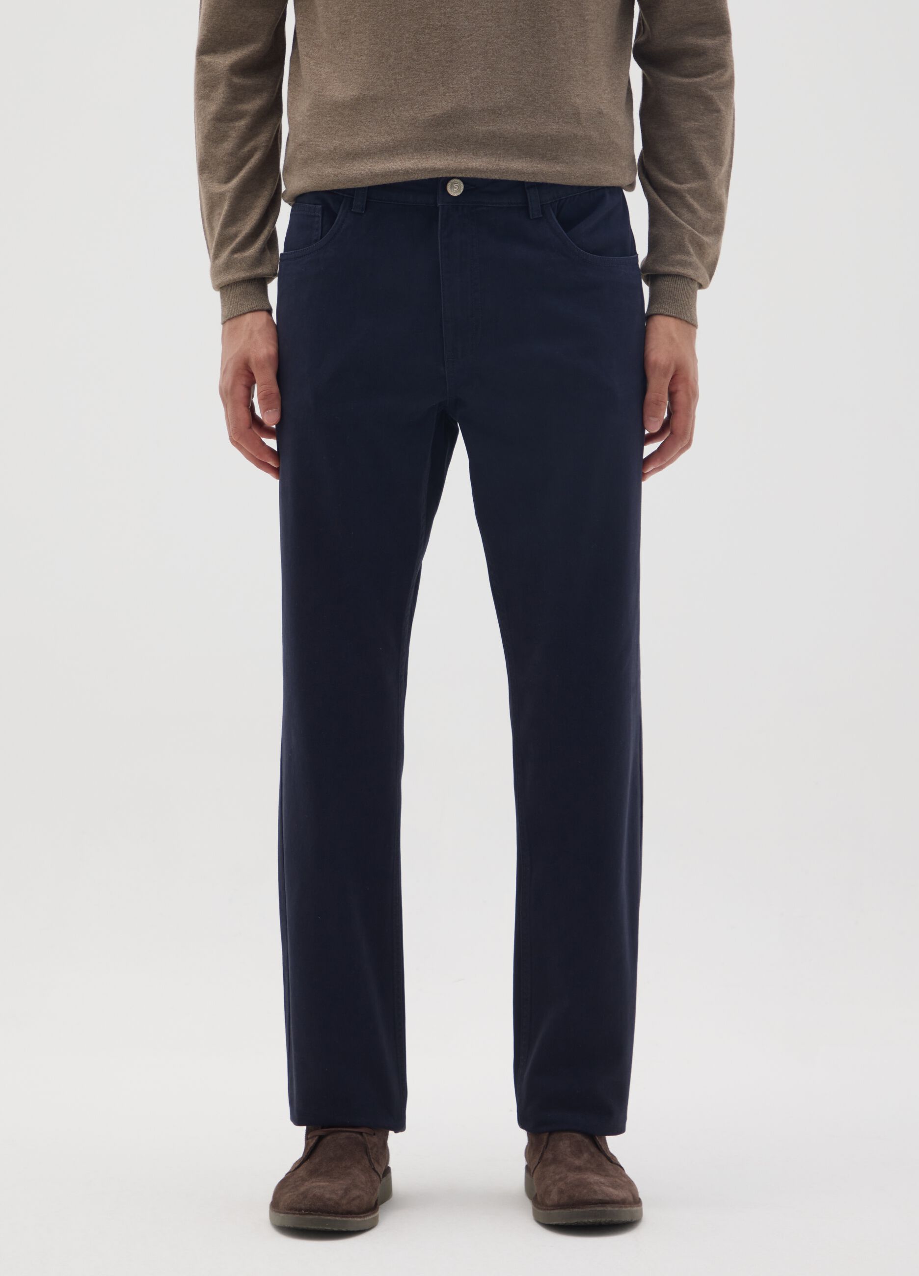 Regular Fit Blue Pure Cotton Trousers
