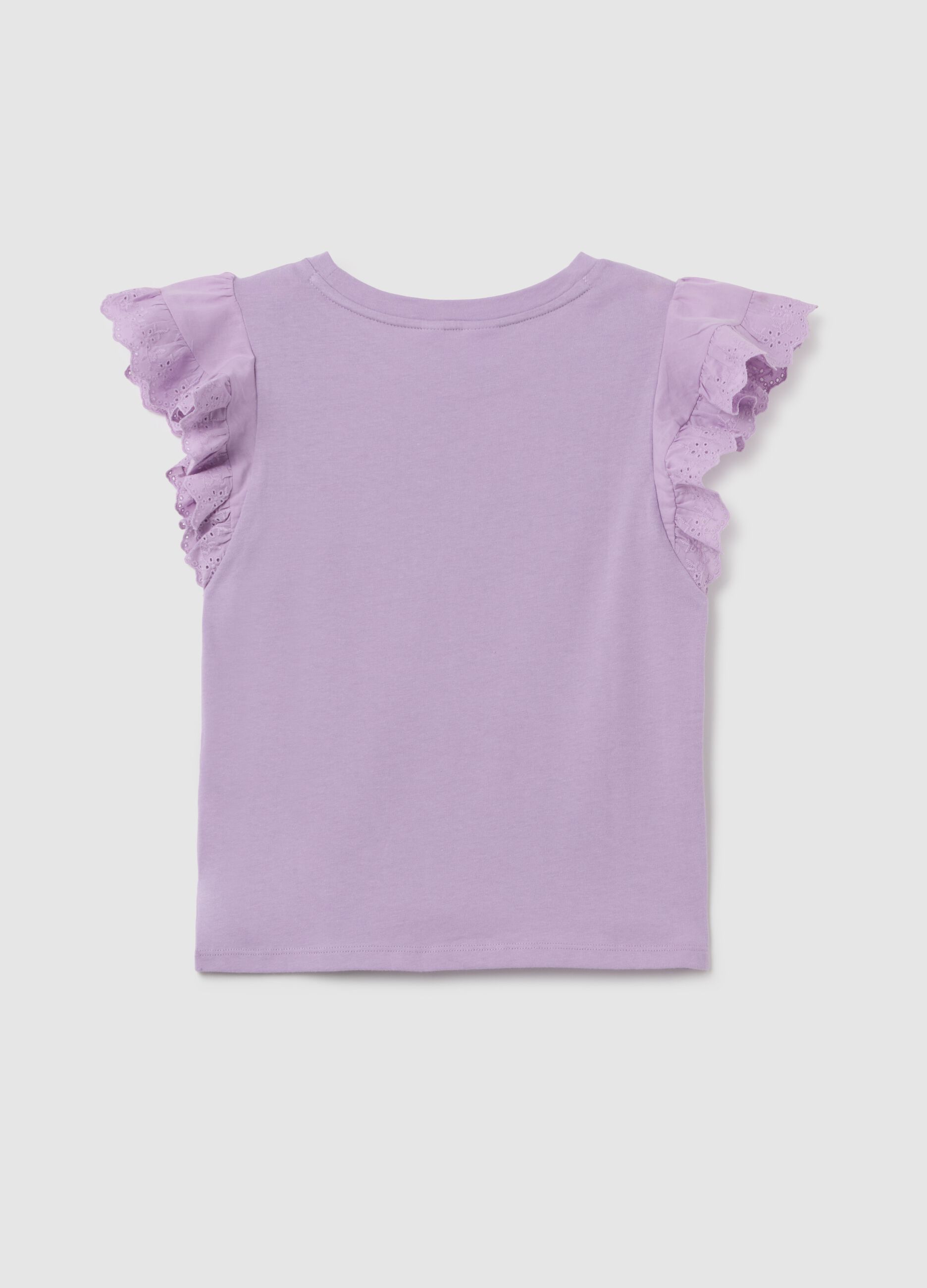 Cotton T-shirt with broderie anglaise flounces