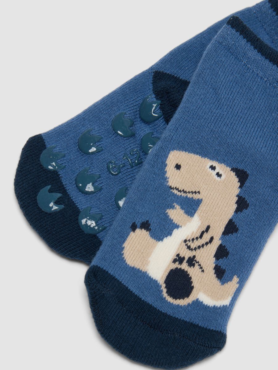 Bipack di calze antiscivolo blu in cotone organico elasticizzato con dinosauri_2